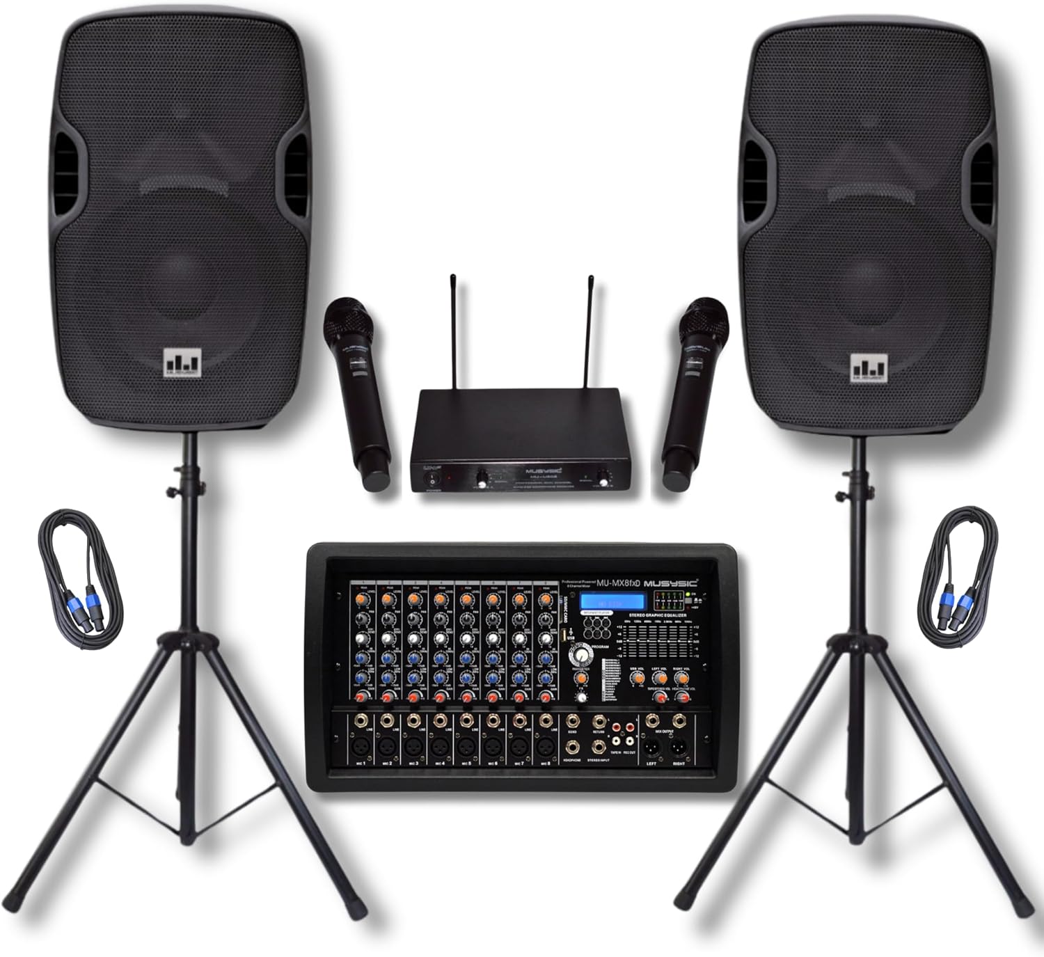 MUSYSIC PA15-MX800 Professional PA System – 8 Channel Audio Mixer with Built-in 4500 W Amplifier 15” Studio Wireless Speakers Bluetooth/USB/SD/FM UHF Wireless Microphone System Stands Pair