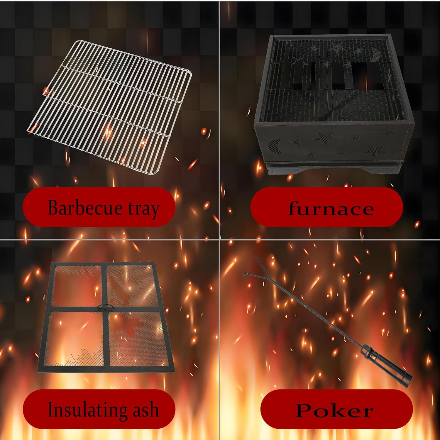 Outdoor Fire Pit Square Wood Burning Stove, 26-Inch Backyard Outside Firepit with Grill Grate, Metal Stove for Patio, Garden, Camping, Picnic Bonfires