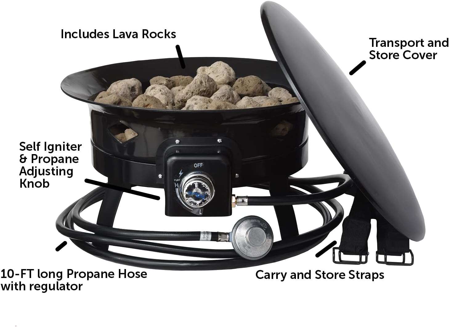 Flame King Smokeless Portable Propane Fire Pit Bowl, 19 inches, 58K BTU with Propane Grip Scale, Self Igniter, Cover, & Carry Straps for RV, Camping, & Outdoor Living