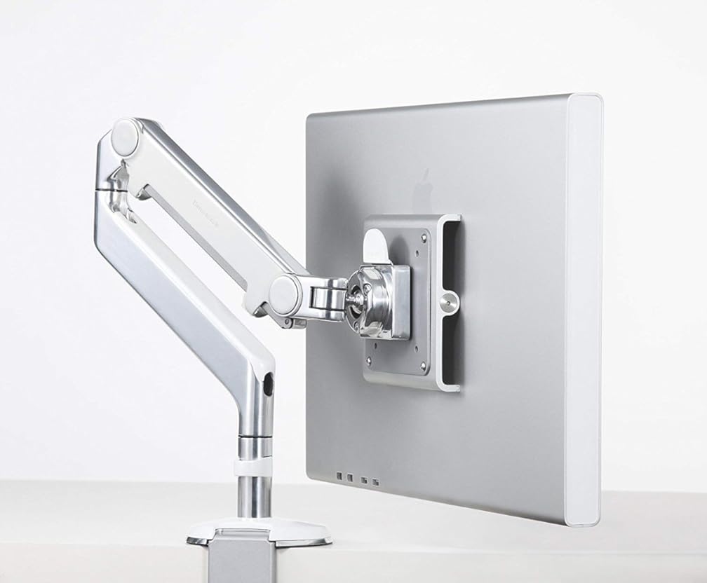 Humanscale M2 M2CW1S Adjustable Articulating Computer Monitor Arm - Two Piece Clamp On Mount with Base - Polished Aluminum with White Trim