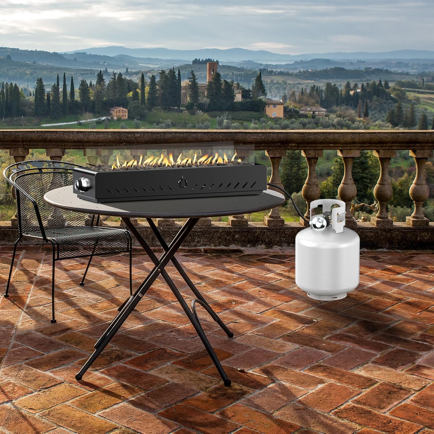 ONLYFIRE OUTDOOR LIVING Propane Gas Fire Pit Side-Mounted with Glass Wind Guard & Lava Rocks, Portable Smokeless Gas Firepit for Patio Backyard Bonfire Tailgating RV Trip, 28