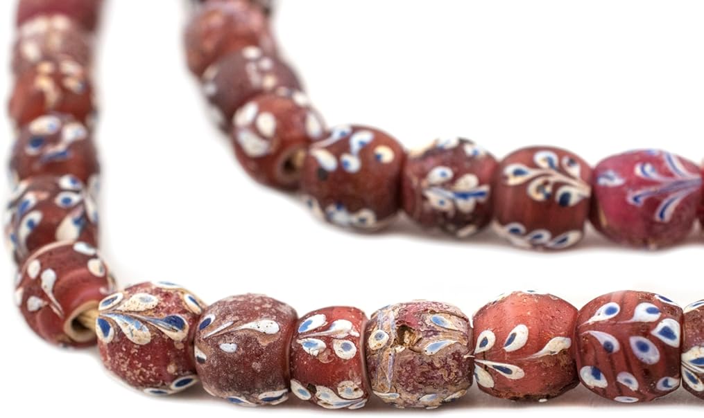 The Bead Chest Antique Venetian Flower White Heart Beads 11mm Ethiopia African Red Round Glass Large Hole 25 Inch Strand Handmade