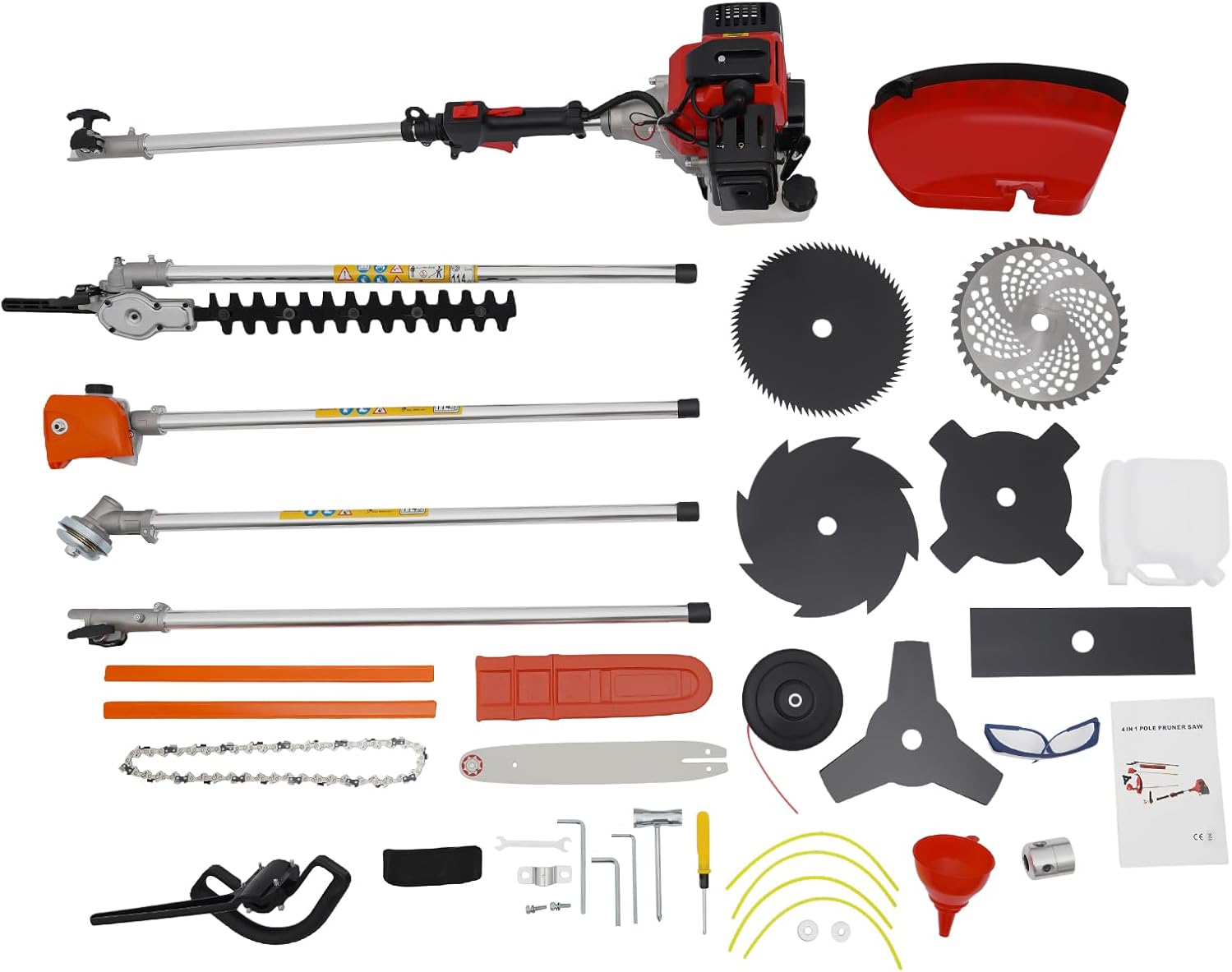 7 in 1 Multifunctional Lawn Mower,52CC Gas Weed Trimmer,2-Stroke Brush Cutter,Cordless Hedge Trimmer & Grass Edge,for Lawn and Garden Tree Trimming Ora(Red)