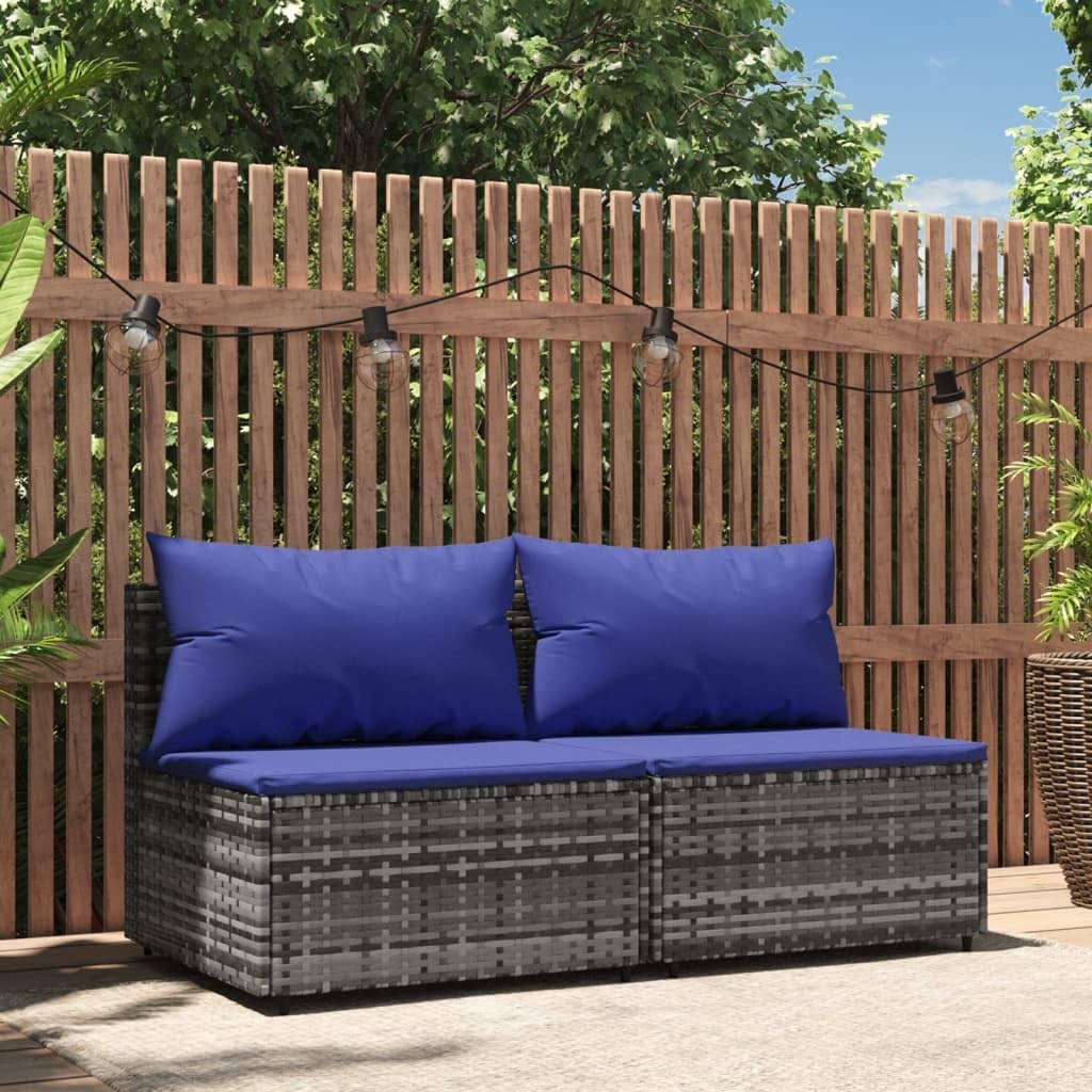 Patio Middle Sofas with Cushions 2 pcs Gray Poly Rattan,Modern Outdoor Middle Sofa with WeatherResistant PE Rattan for Patio and Garden Outdoor Furniture, Patio Seating