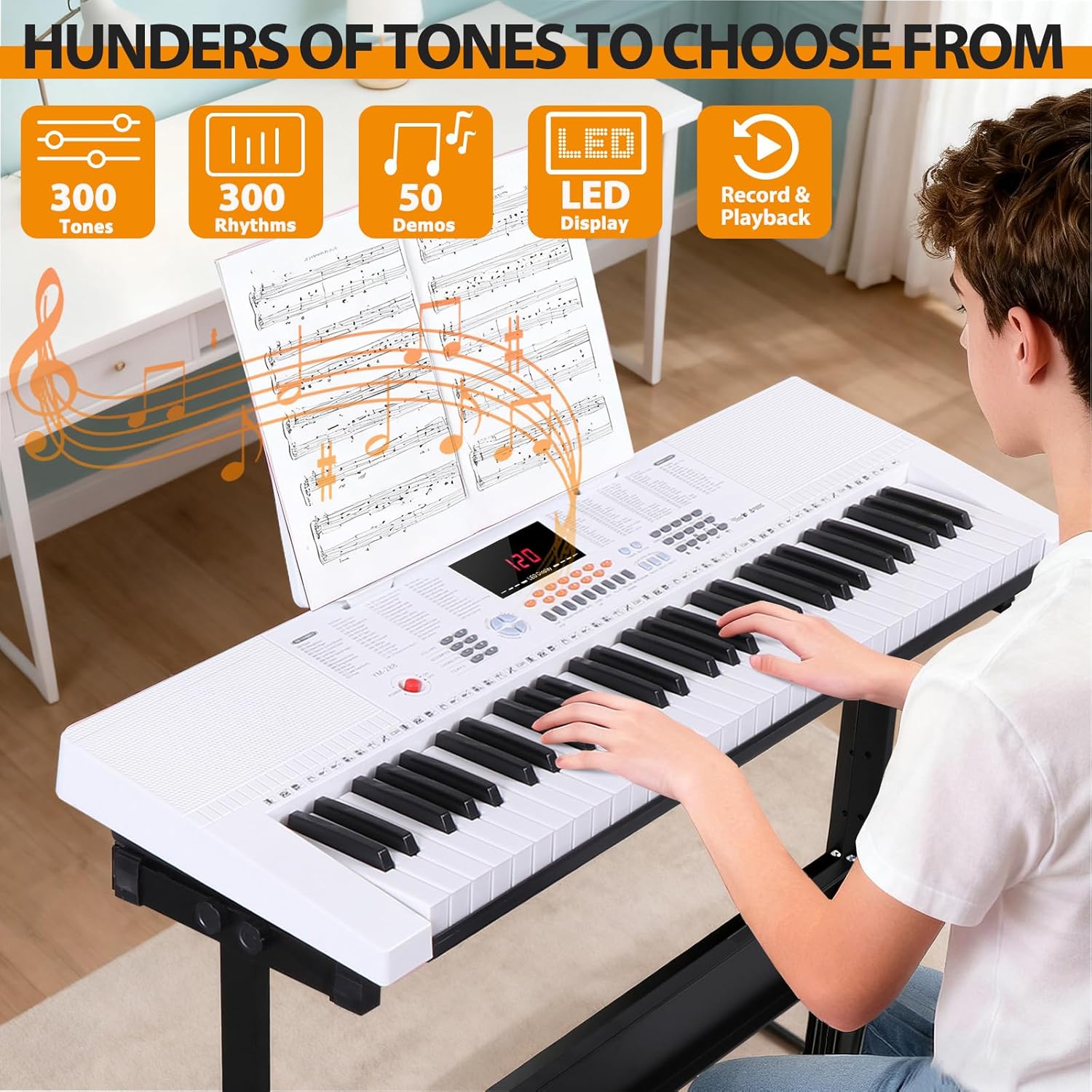 61 Keys Electronic Keyboard Piano Complete LED Display Keyboard Kit with Stand Built-in Speakers Headphones Microphone Music Sheet Stand and Stool, White