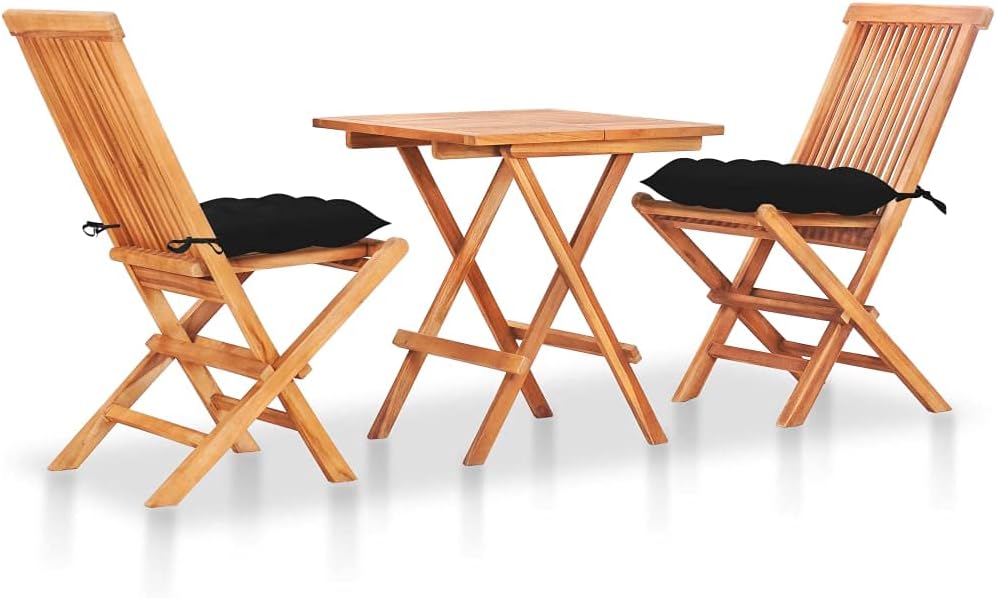 3 Piece Bistro Set with Black Cushions Solid Teak Wood,Teak Wood Bistro Set: Foldable, Durable, and Stylish for Garden, Patio, and Dining Furniture Sets for Patio, Lawn & Garden