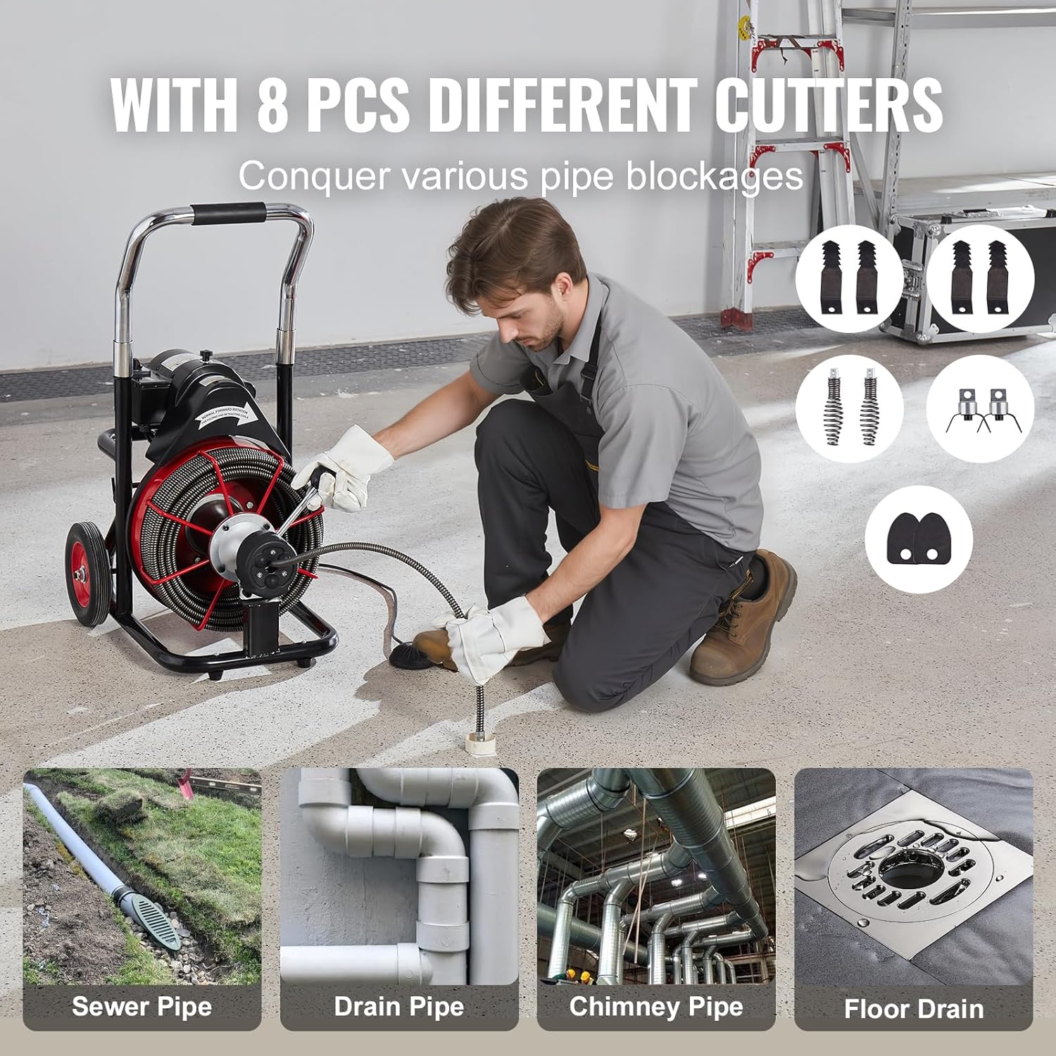 VEVOR Drain Cleaner Machine 100FT x 1/2 Inch, Auto Feed Sewer Snake Auger on Wheels, 550W Portable Drain Cleaning Machine with 8 Cutters & Air-activated Foot Switch for 2