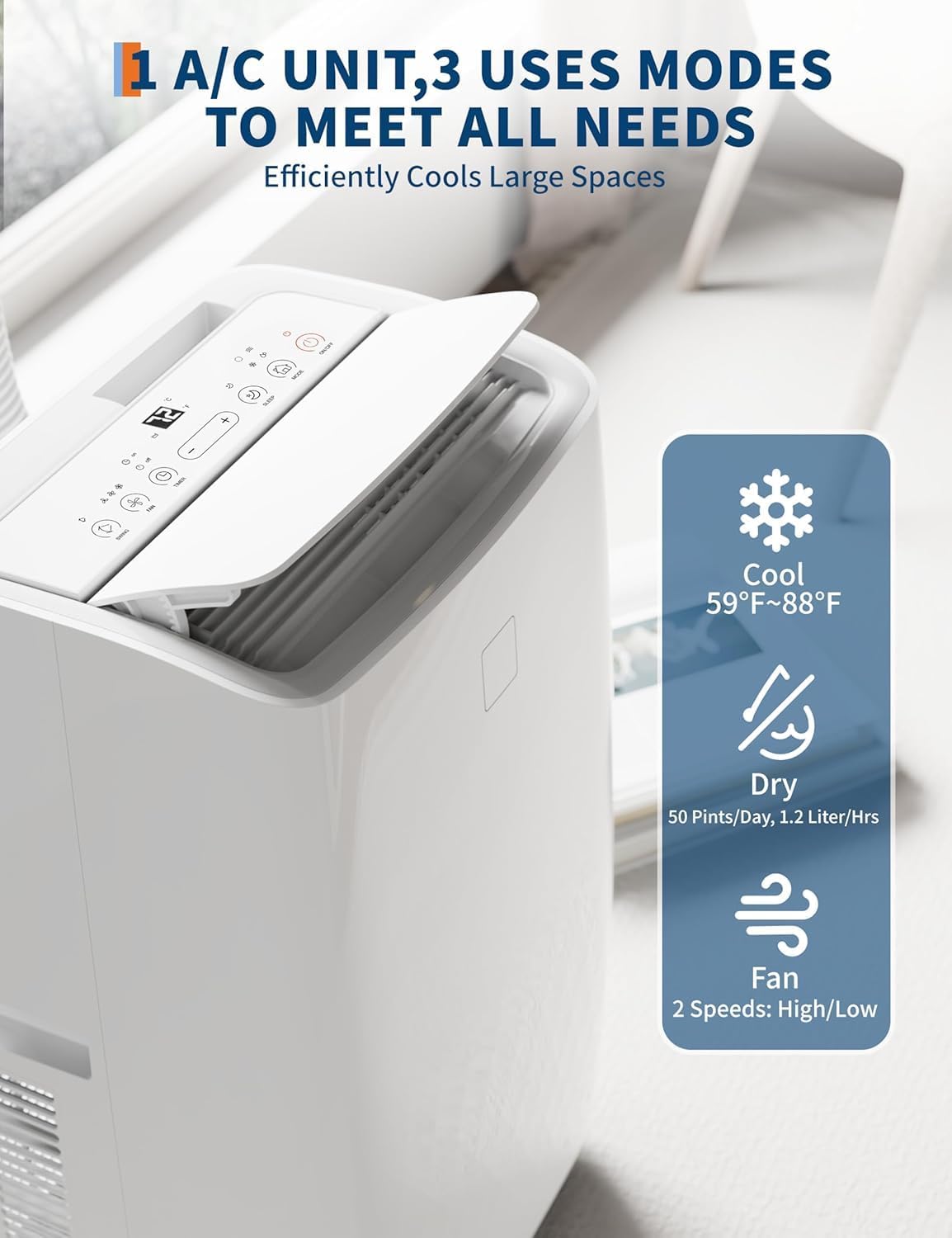 Portable Air Conditioners 14,000 BTU, Portable AC Unit for Bedroom and Office, 400m³/h Cooling for 750 Sq. Ft, Drain-Free Technology with 75-Pint Dehumidification, Includes Remote & Mount Kit, White