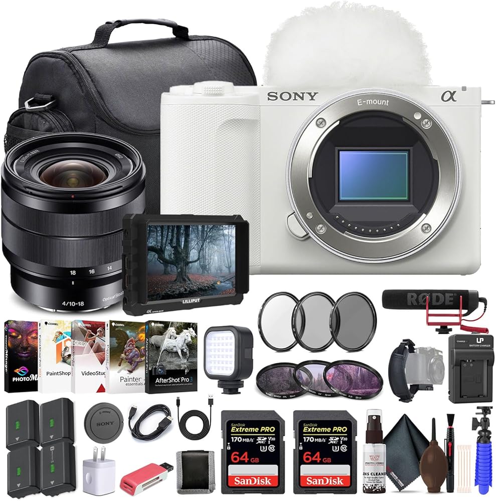 Sony Alpha ZV-E10 II Mirrorless Camera (Body Only, White) (ZVE10M2KW), Sony E 10-18mm Lens, 4K Monitor, Pro Mic, 2 x 64GB Memory Card, Filter Kit, Photo Software, Bag, More