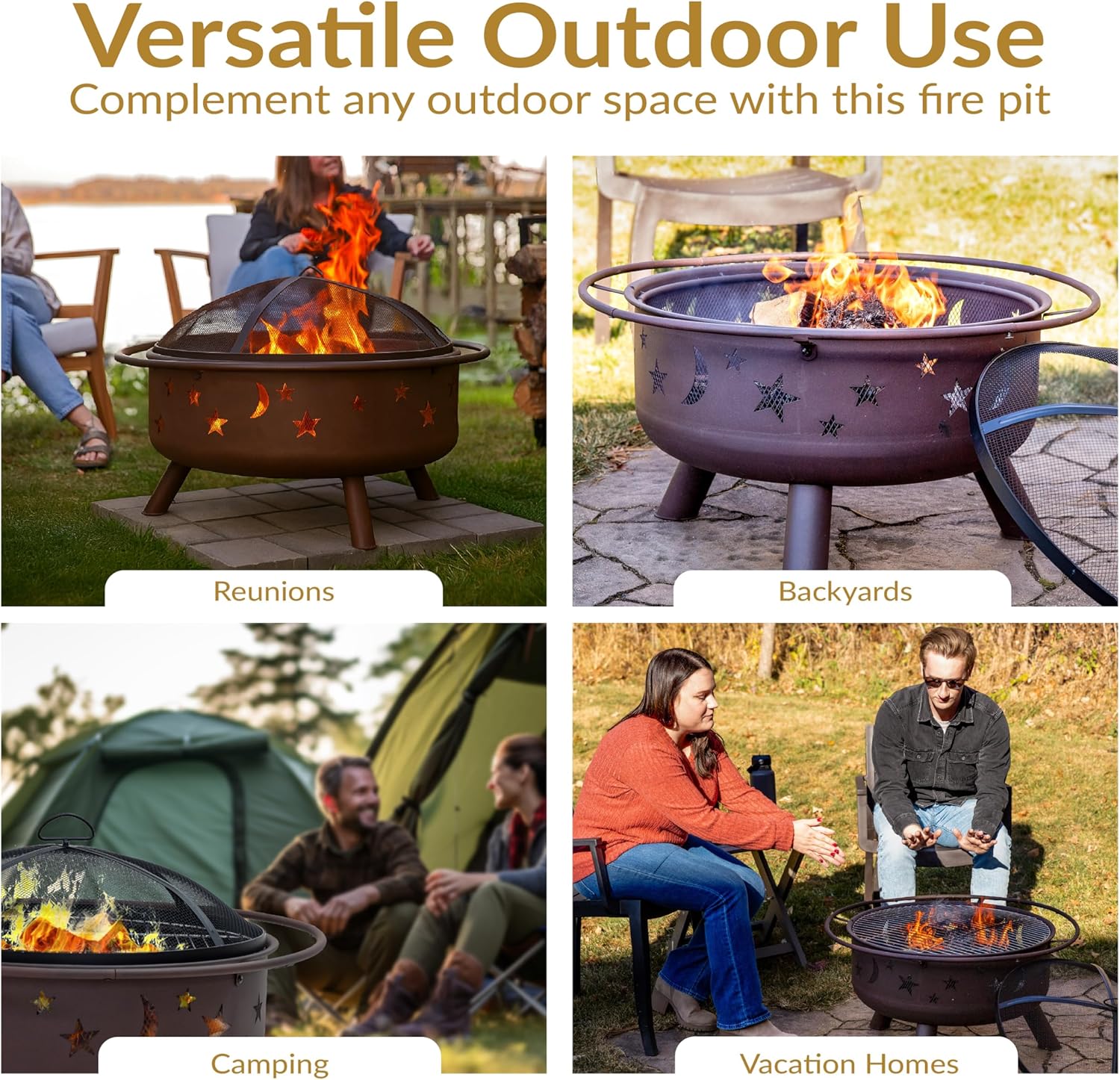 Sunnydaze Cosmic 30-Inch Patio Fire Pit for Outside - Outdoor Wood-Burning Fire Pit with Grill Grate, Spark Screen, and Fireplace Poker