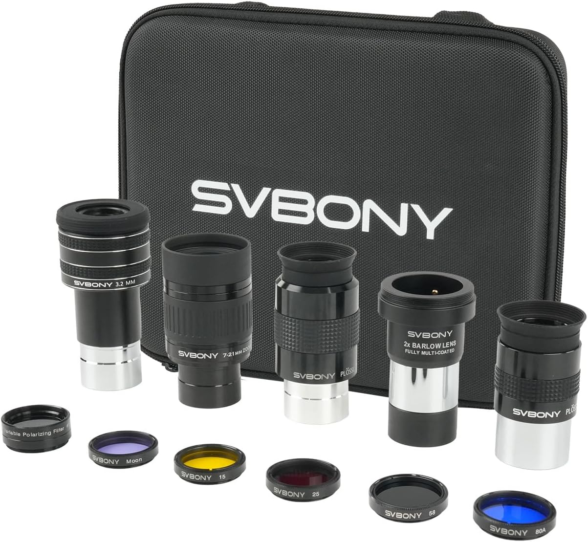 SVBONY SV233 12 Piece Telescope Accessory Kit 3.2mm Ultra-Wide Angle Planetary Eyepiece, SPL25/32mm Eyepieces 7-21mm Zoom Eyepiece, 2X Barlow Lens, LRGB Filters Moon Filter Variable Polarizer Filter