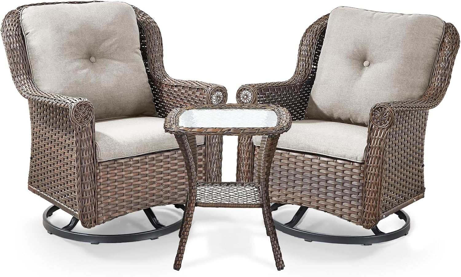3 Piece Patio Swivel Chairs and Side Table Set - High Back Outdoor Brown Wicker Rattan Rocking Glider with Thick Cushions for Porch Apartment Deck Yard Poolside Garden - Beige
