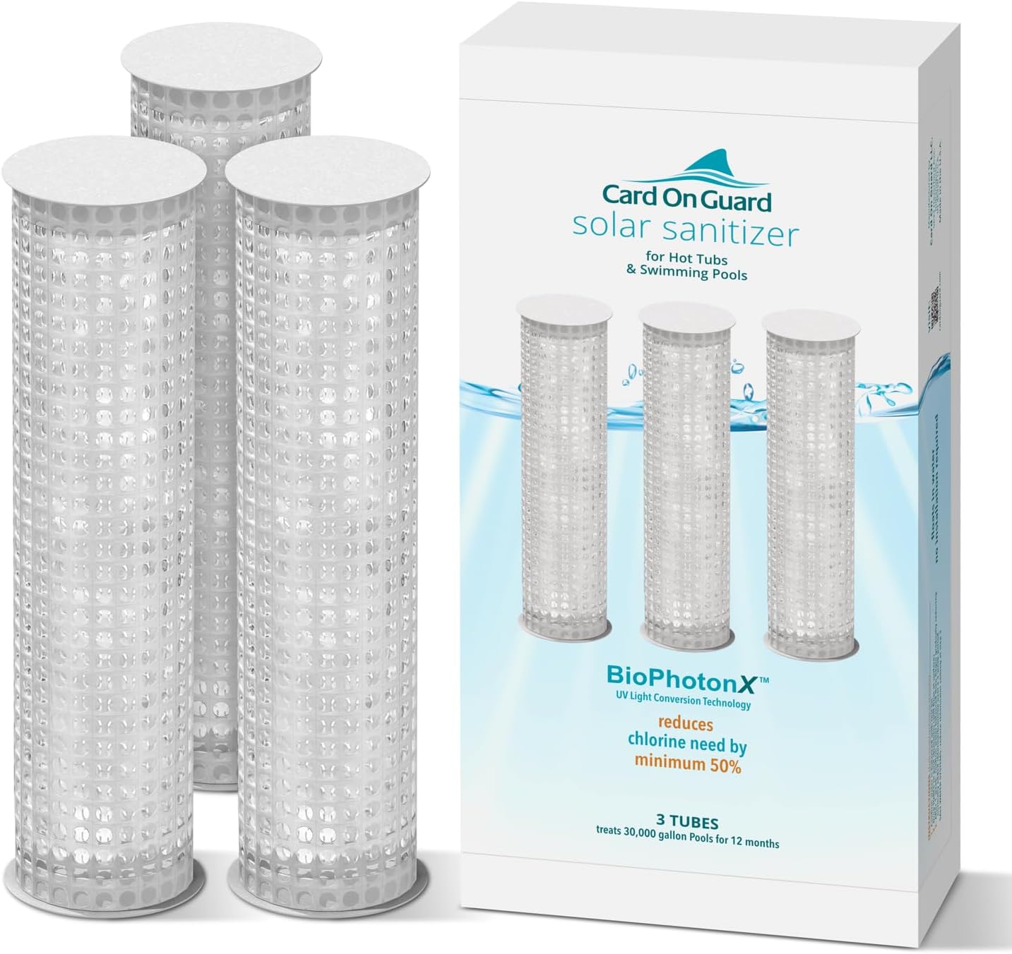 Solar Sanitizer Tube for Swimming Pools and Hot Tubs | BioPhotonX Technology Reduces Chlorine, Bromine Use by Minimum 50% for 12 Months | 3-Pack for Swimming Pools up to 30,000 Gallons