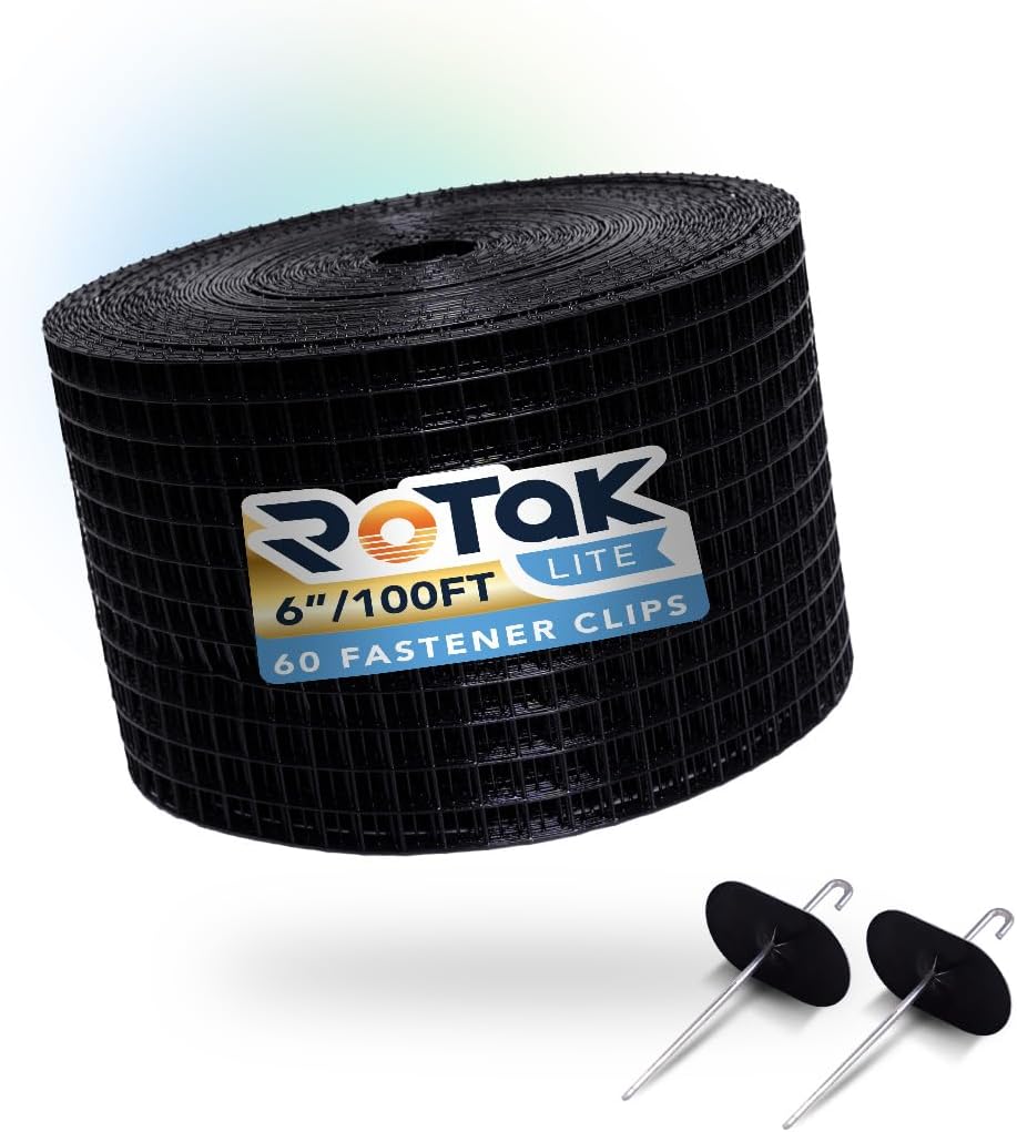 ROTAK Critter Guard - 6in x 100ft Solar Panel Bird Guard with Fastener Clips - Galvanized Black PVC Coated ½ inch Wire Roll Mesh (6