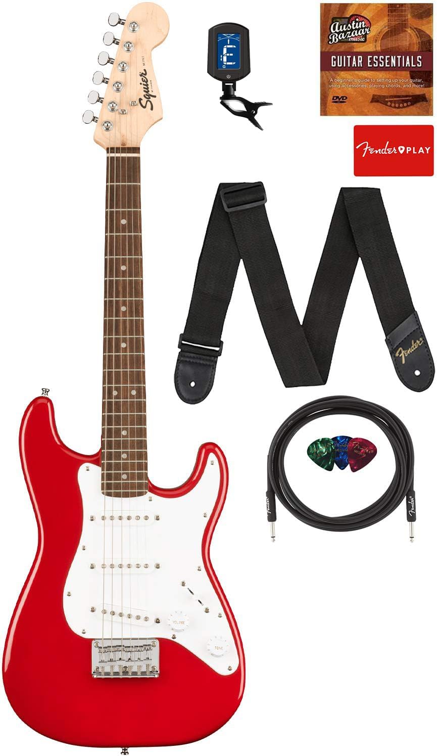 Fender Squier 3/4-Size Kids Mini Strat Electric Guitar - Dakota Red Learn-to-Play Bundle with Cable, Tuner, Strap, Picks, Fender Play Online Lessons, and Austin Bazaar Instructional DVD