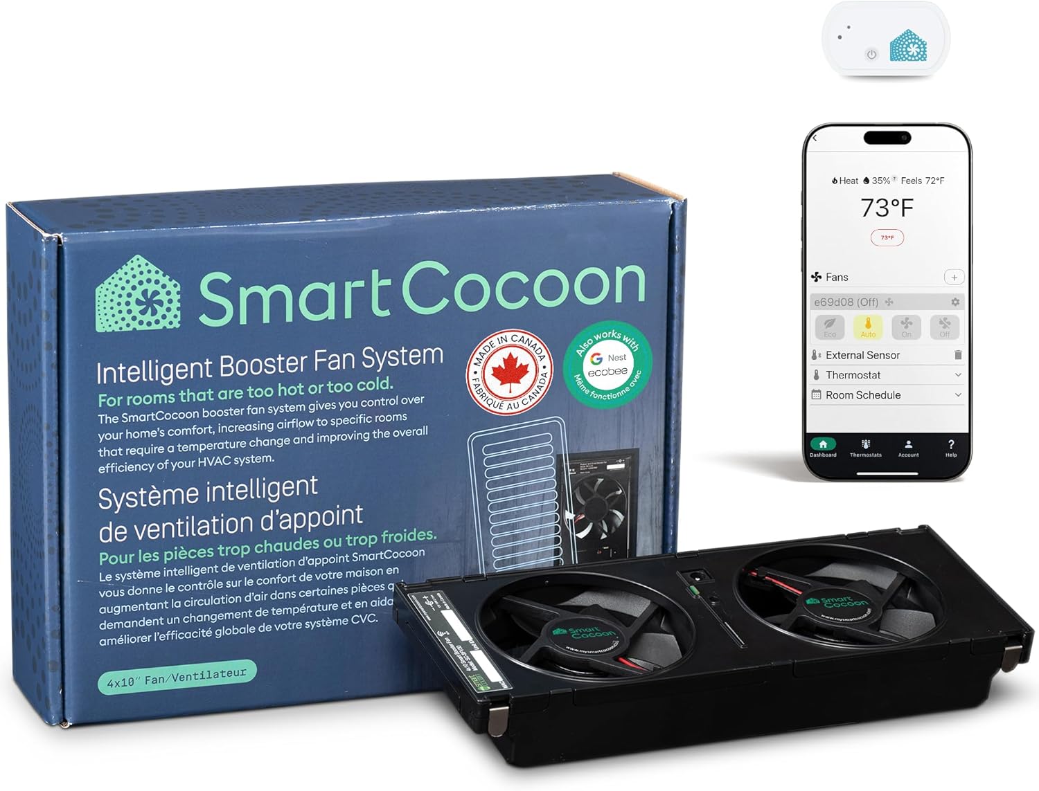 4X10 Register Booster Fan with Temperature & Humidity Sensor - Smart Dual Air Conditioner & Heater Floor Fan for Smart Home - Integrates with Ecobee & Nest Thermostats