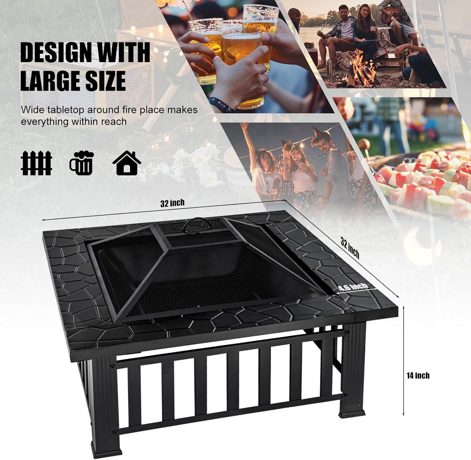 Fire Pit Table 32 Inch Square Metal Stove for Patio, Backyard, Garden | Multifunctional Outdoor Fireplace for Camping, Heating, Bonfire & Picnic