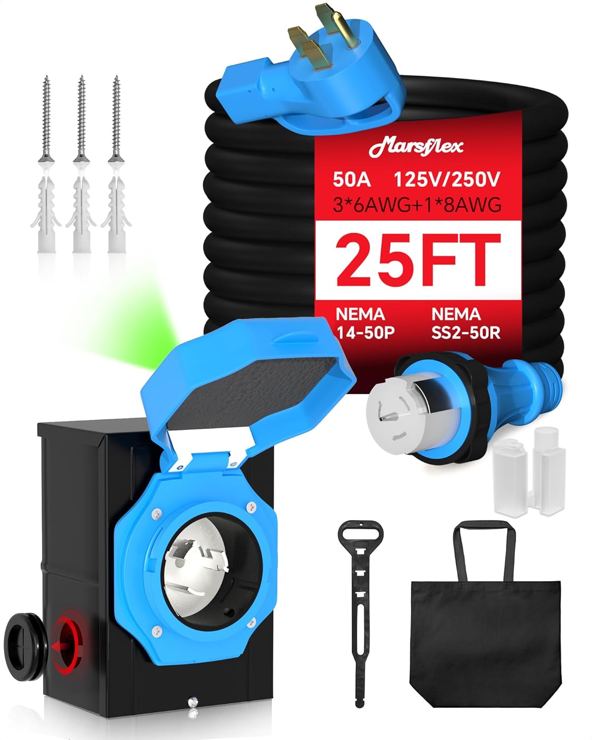 Marsflex 50 Amp Generator Cord and Power Inlet Box, 25FT 50 Amp Generator Cord, NEMA 14-50P / SS2-50R, for 125/250 Volt 12500 Watts, Weatherproof Outdoor Use with LED Power Indicator, ETL Listed
