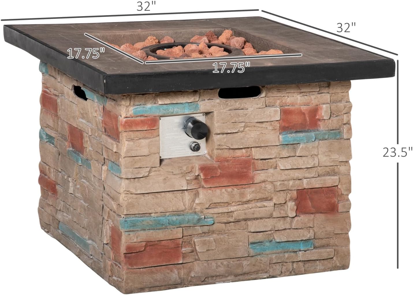 32 Inch Square Fire Pit Table - Rustic Stone Look, 50,000 BTU Auto-Ignition, Built-in Propane Tank Storage, Includes Lava Rocks & Cover
