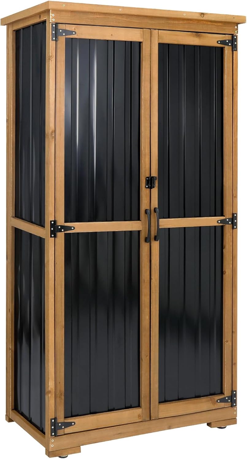 Outdoor Storage Cabinet, Tall Tool Garden Cabinet with Weather-Resistant Roof, Double Lockable Doors, 3 Removable Shelves & Adjustable Feet, for Patio, Garden, Backyard, 32