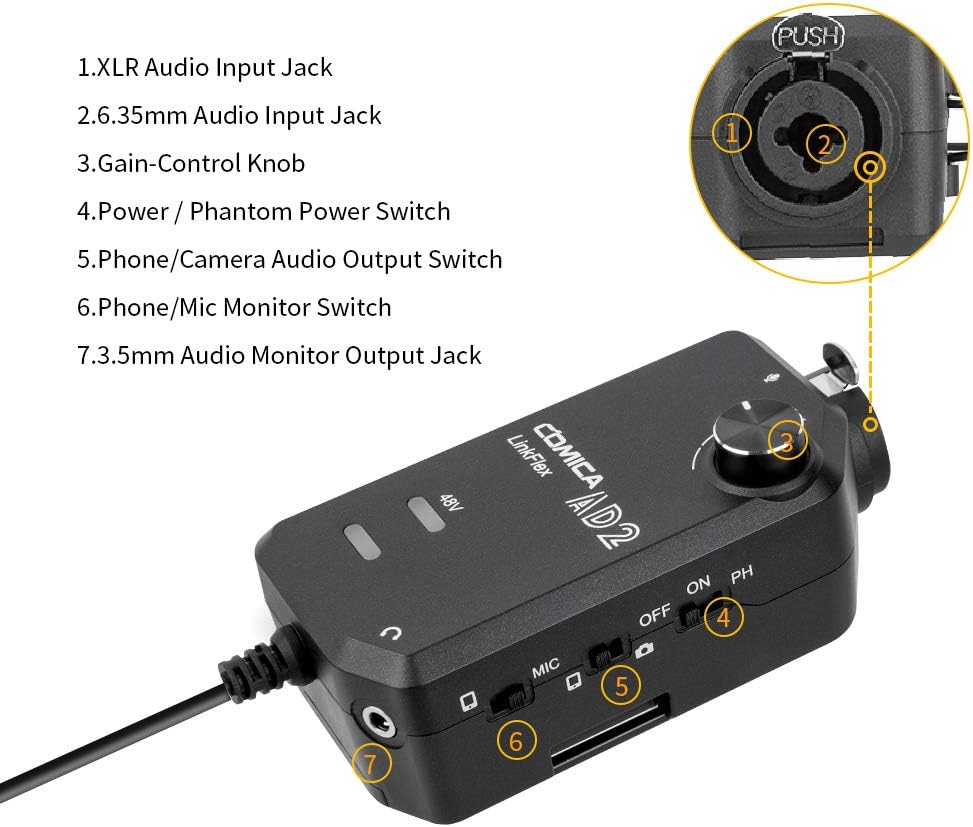 LinkFlex AD2 XLR /6.35mm-3.5mm Microphone Preamp Amplifier Audio Adapter Universal Replacement for Camera Smartphone Guitar Interface