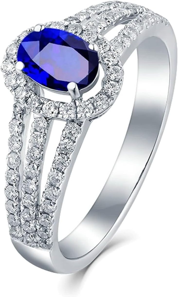 Wedding Rings for Women Halo, 18K White Gold Ring Band Oval Cut Blue Sapphire Micro Pave Diamond Comfort Fit