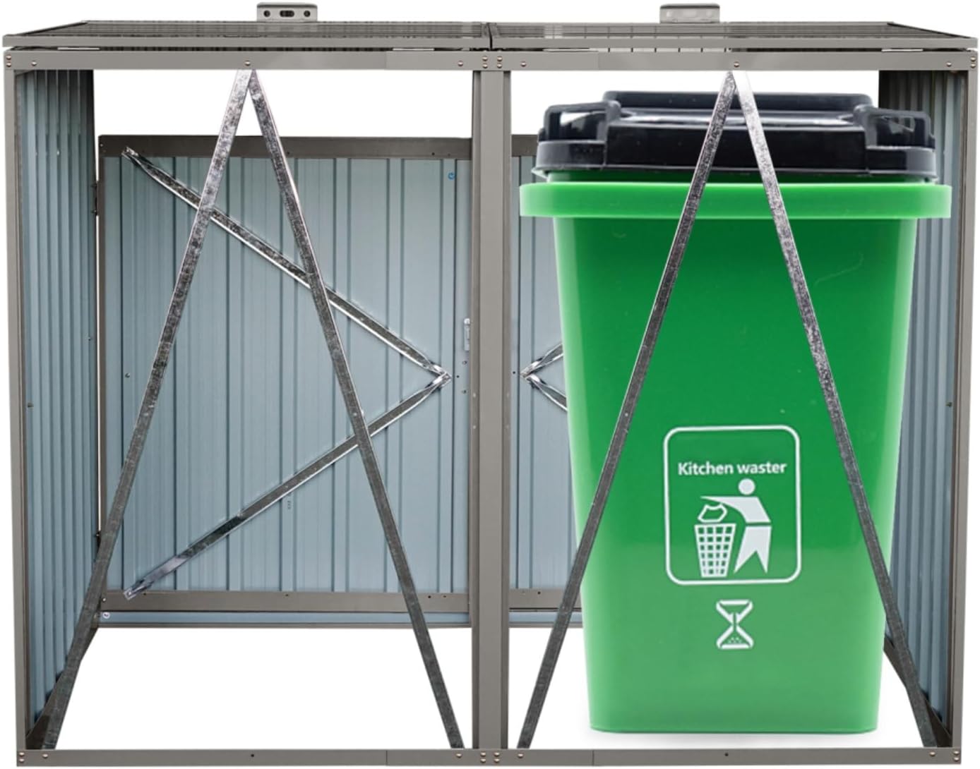 Galvanized Steel Garbage Bin Shed for Outdoor Storage, Metal Trash Can Enclosure Holds 2/ Bins, Garden Yard Lawn Utility Shed with Lockable Doors (2 Doors,Grey)