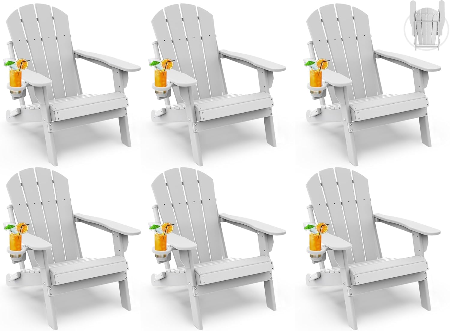 GREENVINES Folding-Adirondack-Chairs-Set-of-6 | HDPE Plastic | Fire Pit Chair | All Weather | Cup Holder | White | for Deck Backyard Patio Outdoor Garden