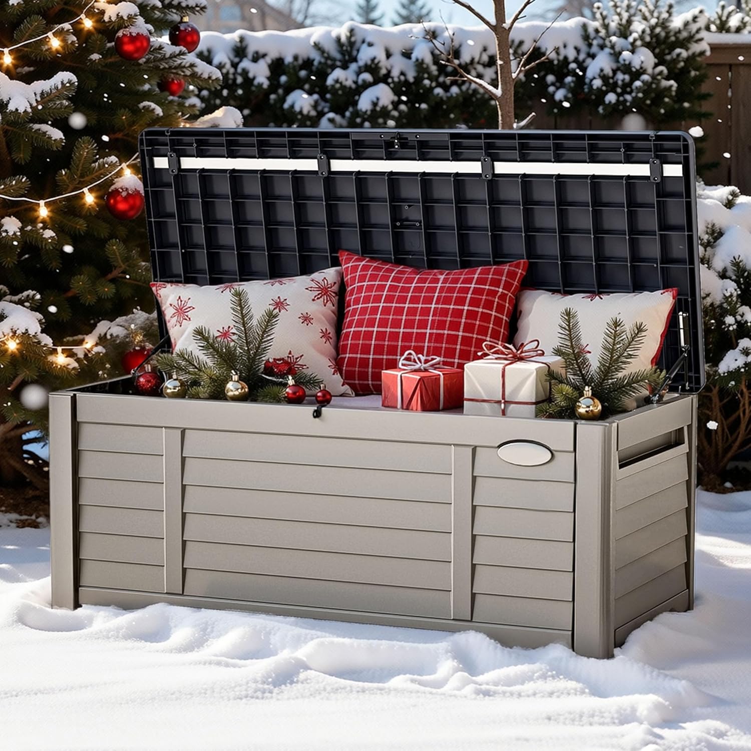 DWVO Large Deck Box 120 Gallon Waterproof Outdoor Storage Box, Extra Large Outdoor Bin, Resin Louvered Patio Storage for Pillows, Garden Tools & Pool Supplies, Lockable, Black&Brown