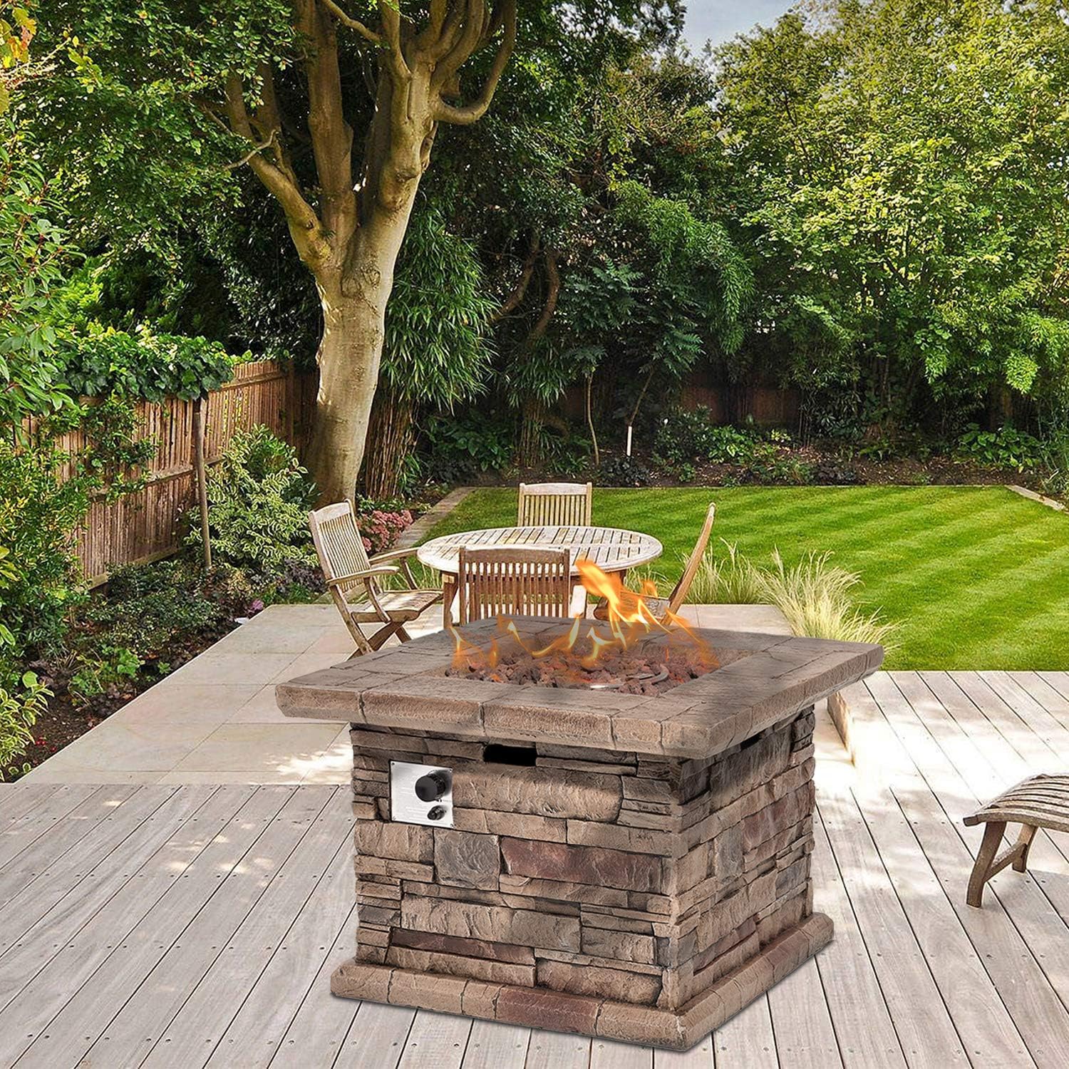 AQUILLA Outdoor Fire Pit w Stone Imitation Surface, 32 inch Square Table, 50,000 BTU Stainless Steel Burner, Free Lava Rocks, 20 Gal Propane Tank Could Set Inside (exclude) for Backyard