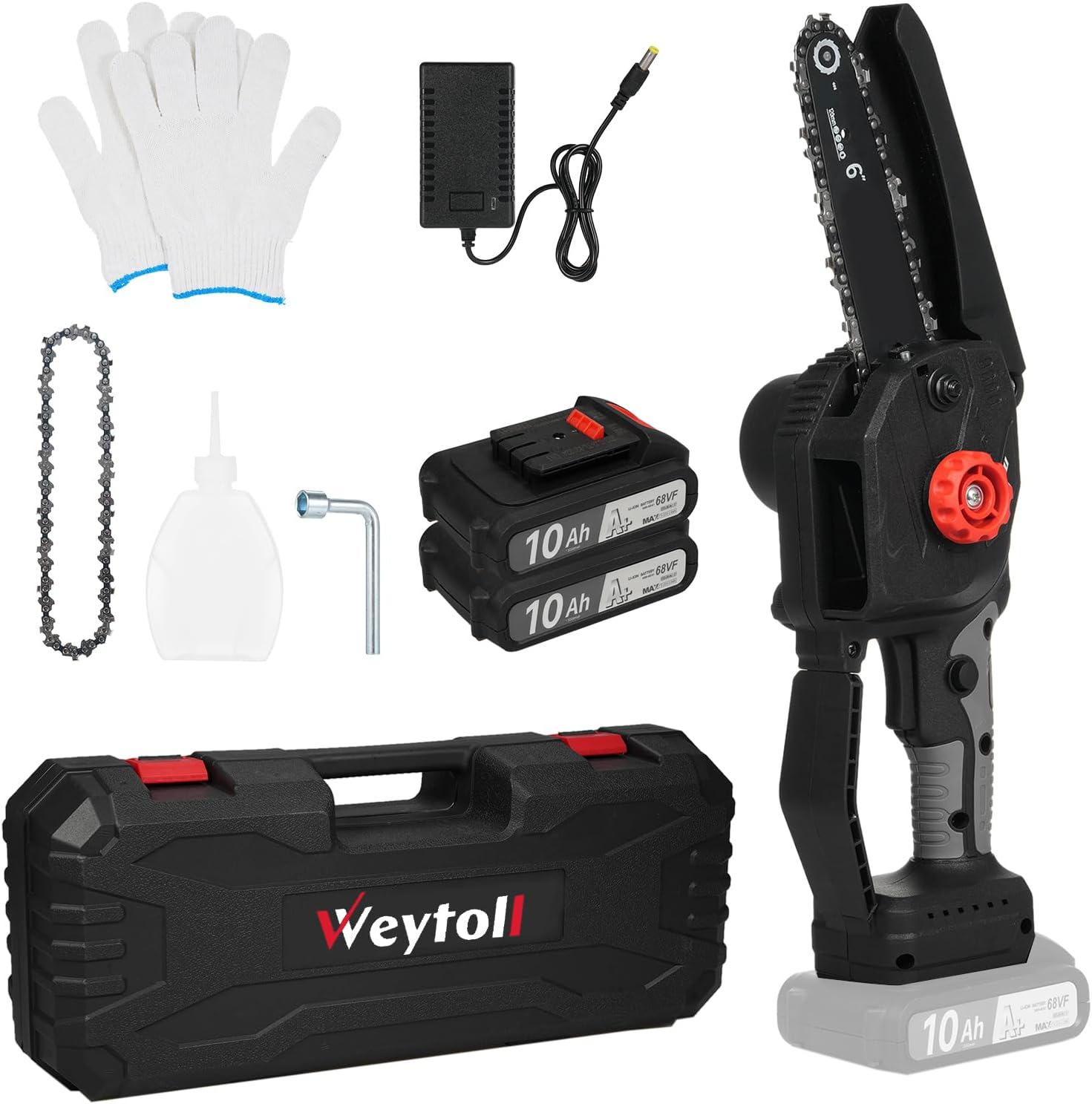 Weytoll Weytoll Cordless Mini Chainsaw, 6-INCH Electric Power Chainsaw, Battery Powered 68VF Rechargeable Battery with Splash Guard for Wood Cutting Tree Trimming Gardening Camping