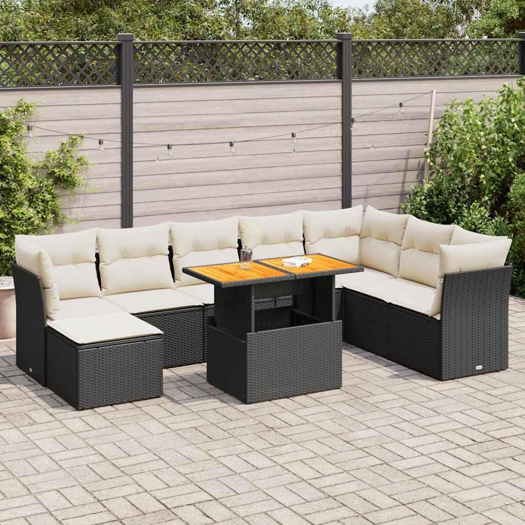 9-Piece Garden Sofa Set, Black and Cream White Synthetic Poly Rattan, Modular Outdoor Patio Furniture Dining Table Set with Cushions for Terrace, Weather-Resistant