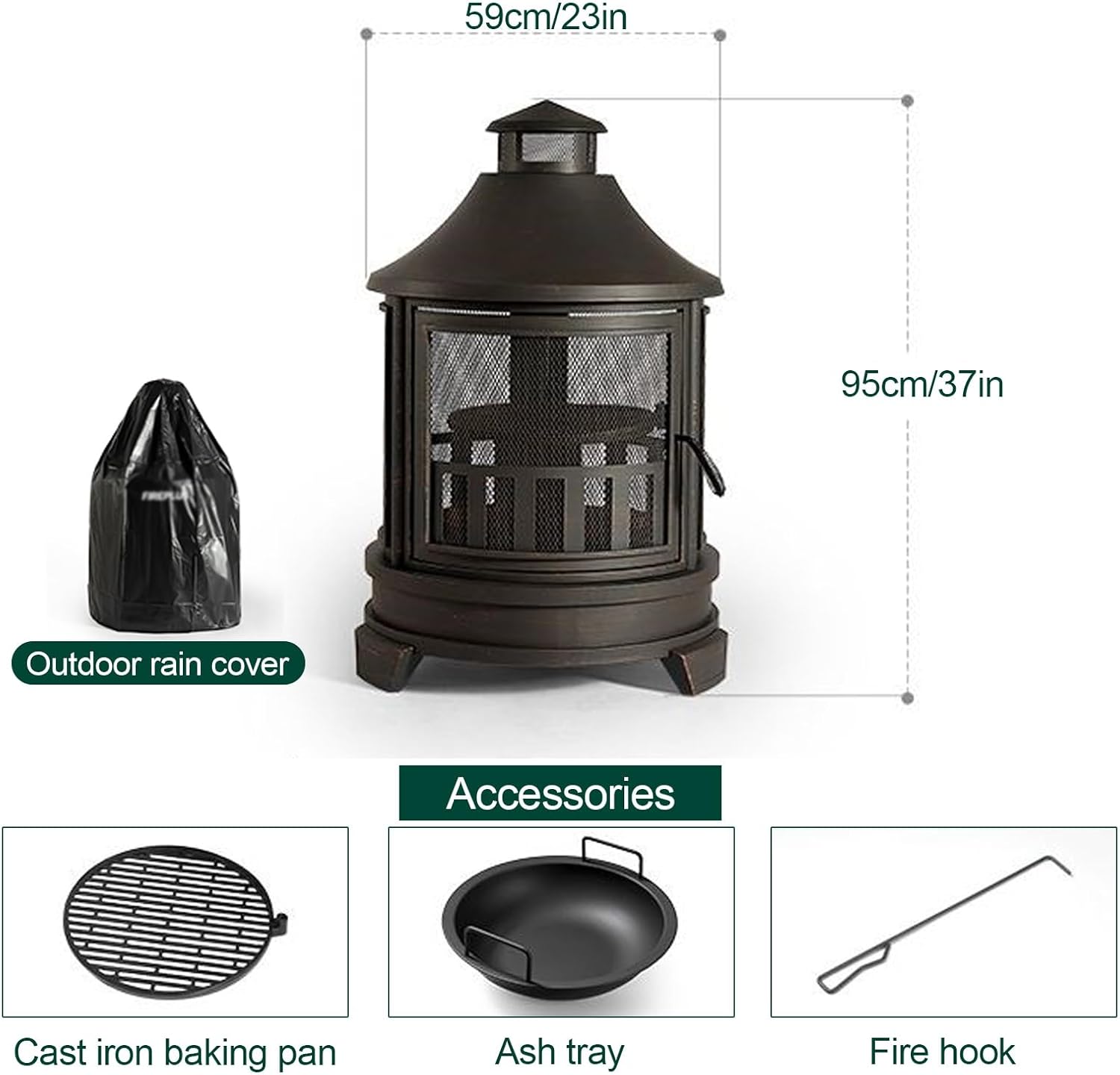 Metal Chiminea Fire Pit with Grill, 2 in 1 Outdoor Fire Pit, Camping Stove with Adjustable Grill Tray & Spark Screen Door, for Garden, Backyard, BBQ