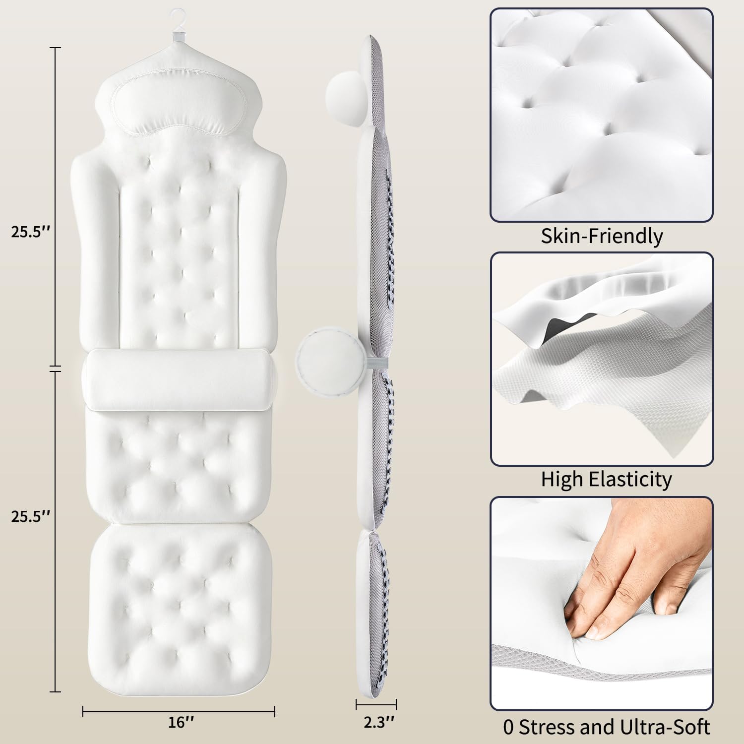 Full Body Bath Pillow for Tub, Thick Bathtub Cushion Mat with Neck, Back & Lumbar Support - Luxury Spa Bathroom Accessories, White