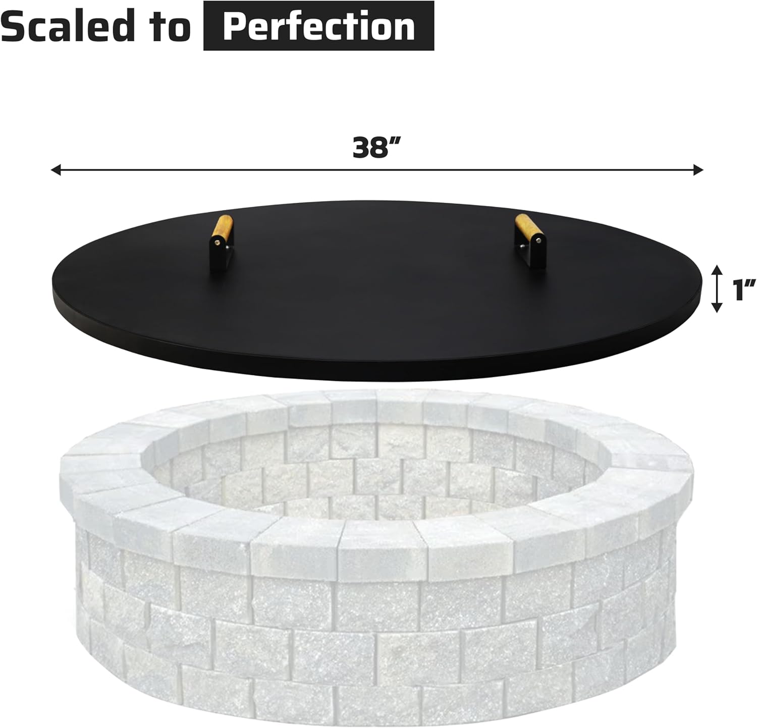 FEBTECH Fire Pit Shield 38 Inch - 16 Gauge Heat Resistant Coated Carbon Steel Fire Pit Burner Pan Cover Round with 2 Wooden Handles - Compatible with Fire Pits Inside Diameter Up to 36