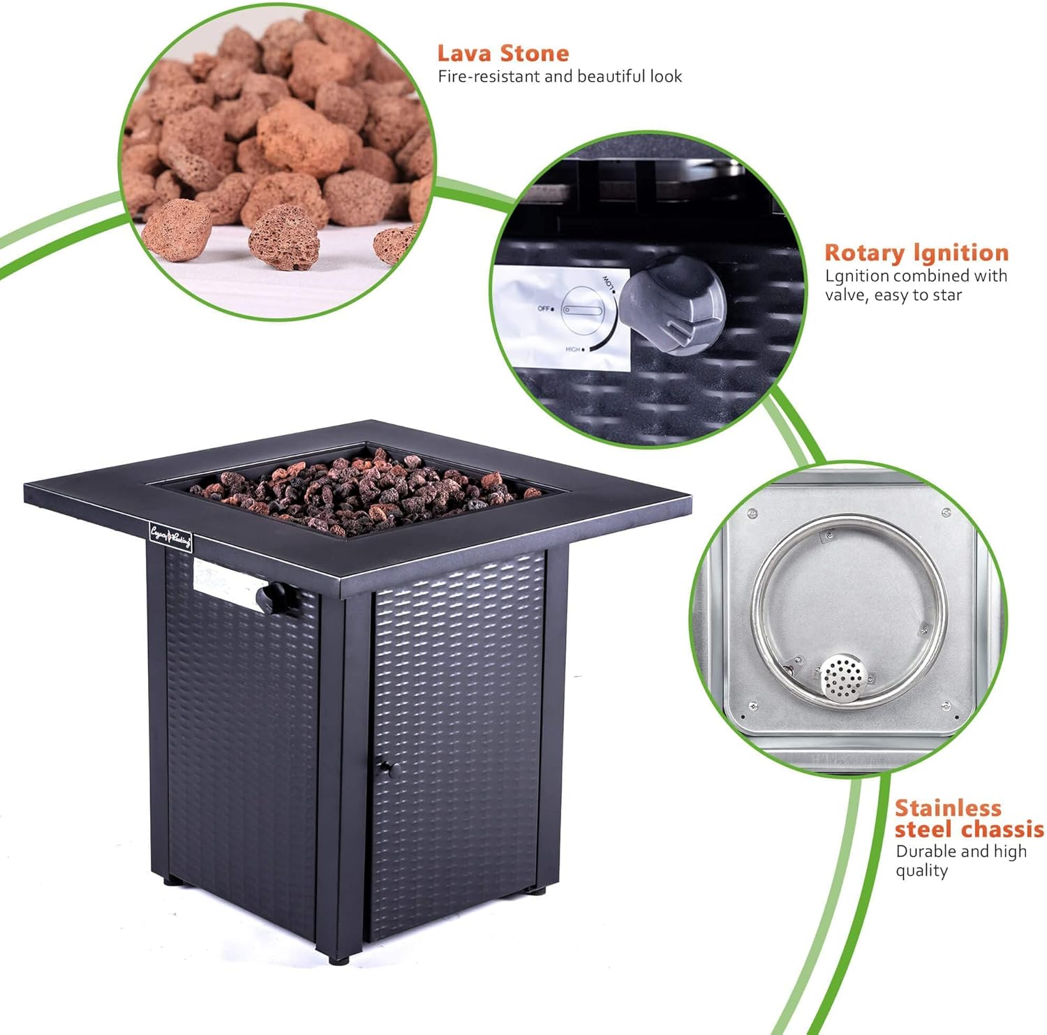 28in Outdoor Propane Fire Pit Table, 50,000 Btu Black Gas Firepit with Lid, Lava Stones Adjustable Flame – Etl Certified for Patio, Backyard, Deck (1 Doors)