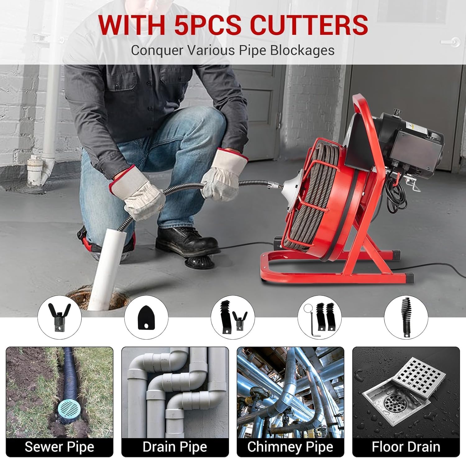 75FT x 1/2 Inch Drain Cleaner Machine, Portable Drain Cleaning Machine Snake with 6 Cutters & Foot Switch for 1