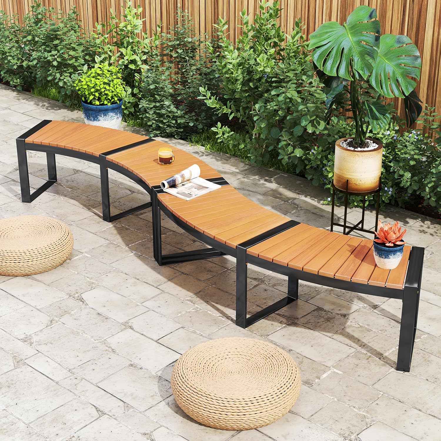 HAPPYGRILL Outdoor Curved Firepit Bench, Acacia Wood Firepit Bench with Metal Frame, Backless Loveseat for Patio, Porch, Garden, Deck, Yard, 800 LBS Max Load (4)