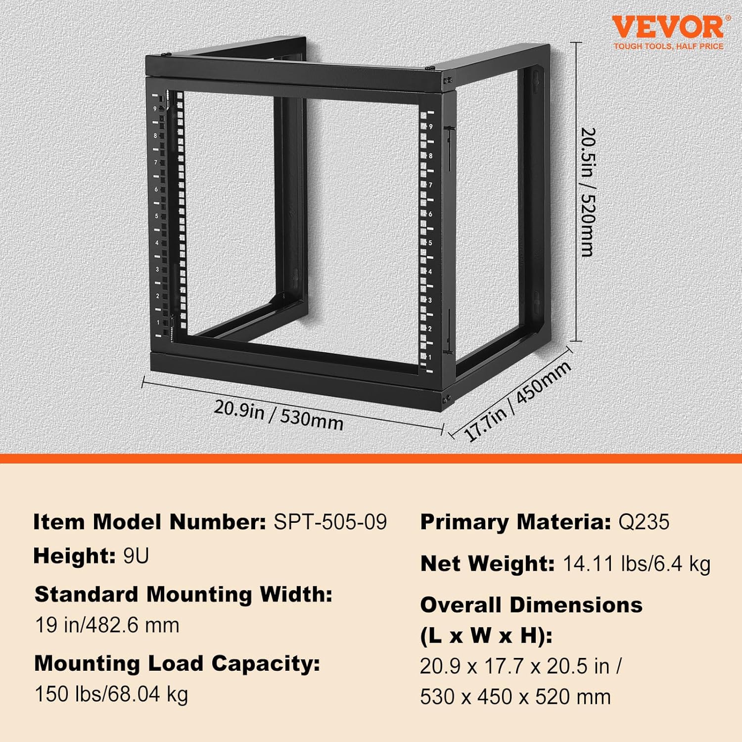 VEVOR 9U Server Rack, Wall Mount Network Rack for 19 Inch IT & AV Equipment, Open Frame 18