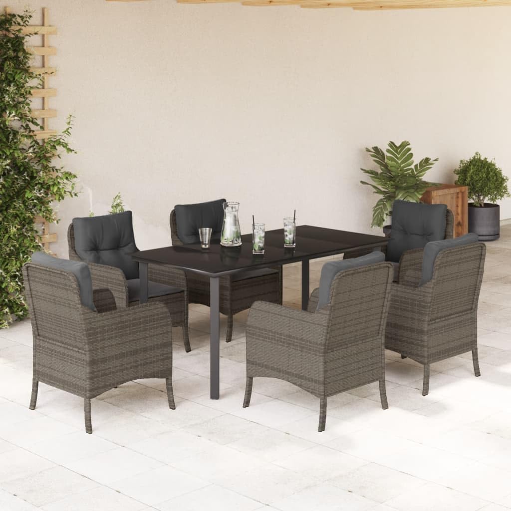 7 Piece Patio Dining Set with Cushions Gray Poly Rattan,Versatile Outdoor Dining Set with Durable PE Rattan and Cushioned Chairs for Comfort and Style Patio Furniture Sets, Outdoor Furniture Sets