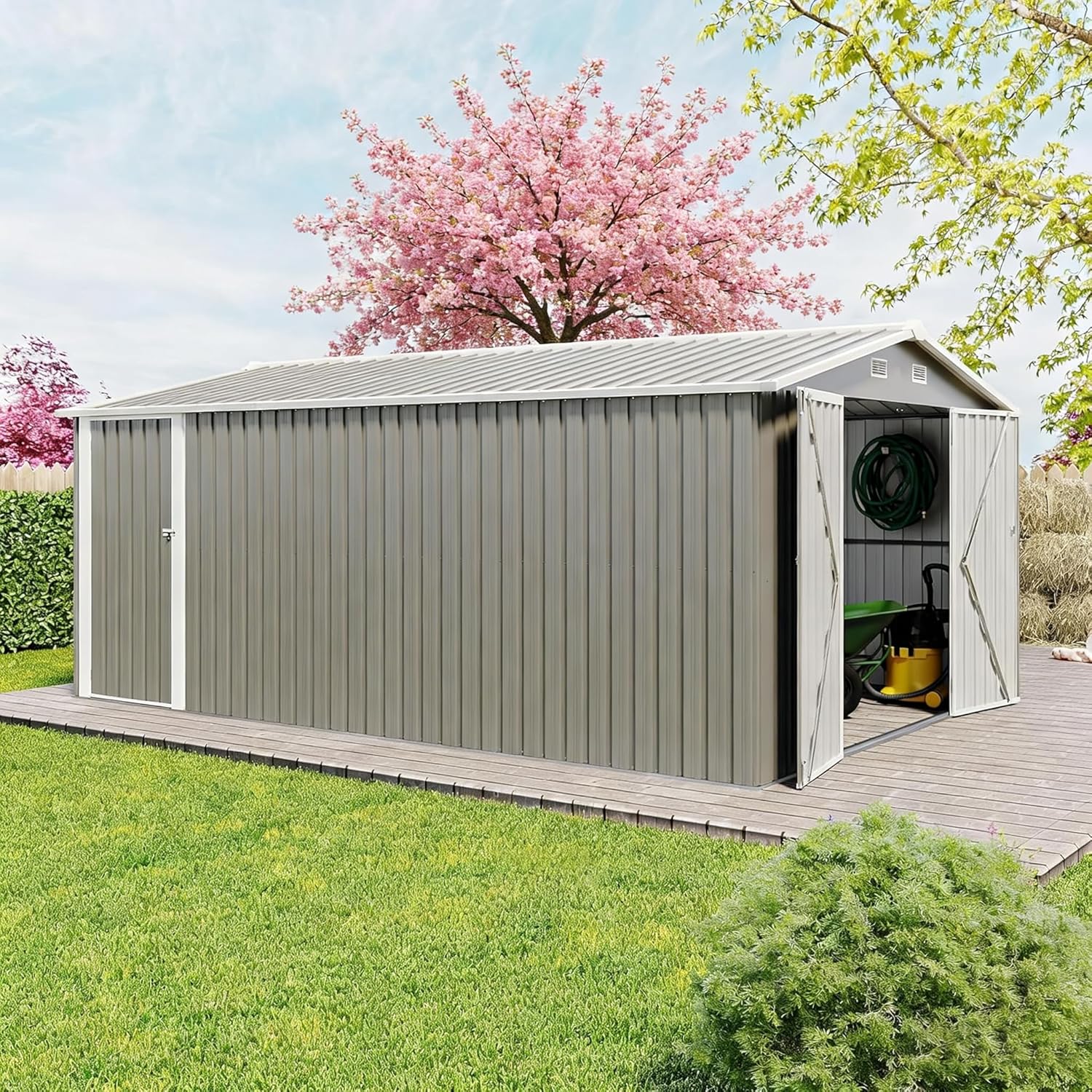 10x14 FT Outdoor Storage Shed, Large Metal Garden Shed with Side Door, Outside Tool Sheds with 3 Lockable Hinged Doors, Waterproof Storage Building with 4 Air Vents for Backyard, Patio, Light Gray