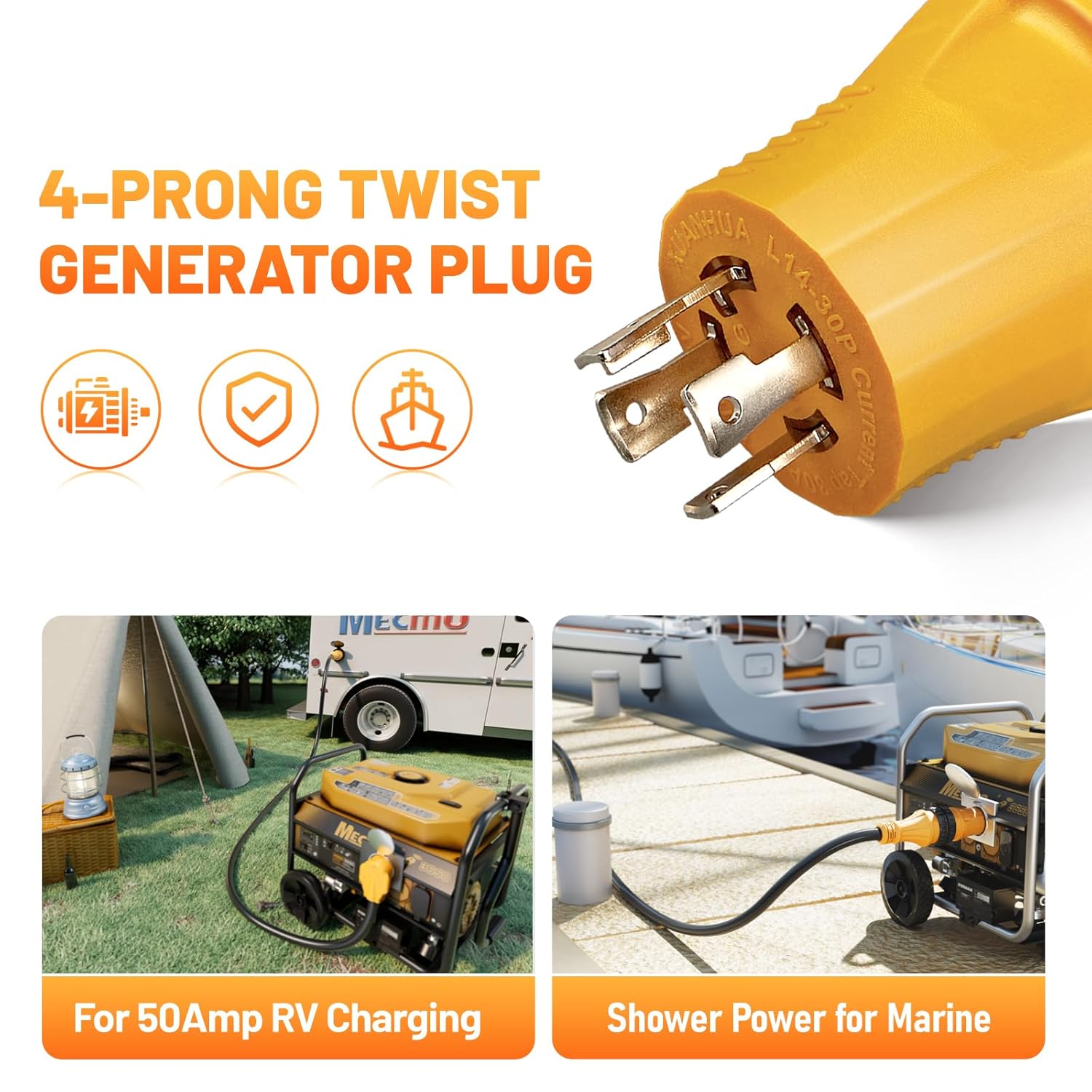 MECMO NEMA L14-30P to Four 5-20R/ 5-15R & L14-30R Generator Adapter Extension Cord and NEMA L14-30P to SS2-50R RV Marine Shore Power Generator Adapter ETL Listed 4 Prong Twist Lock Generator 30A Cord