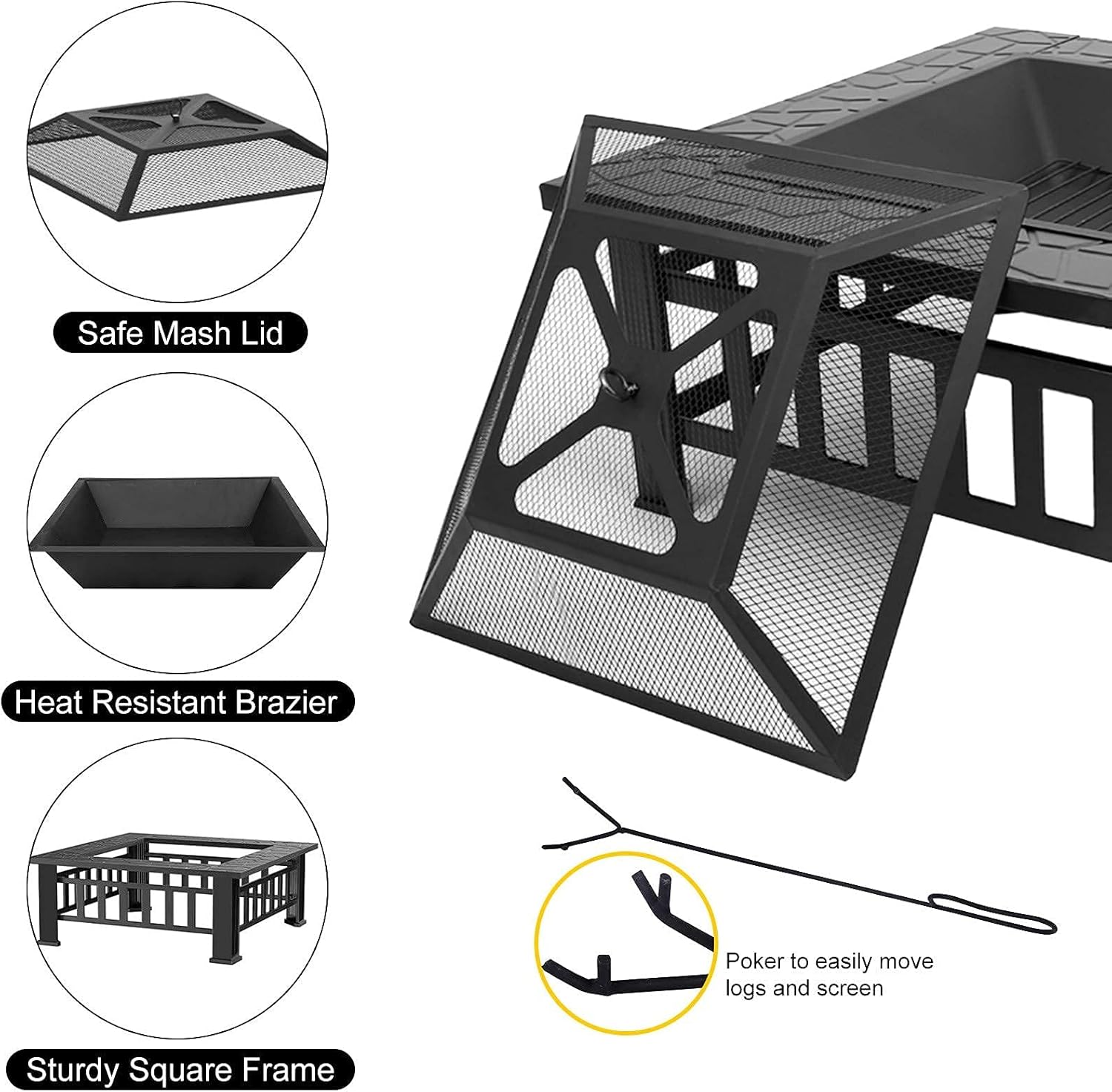 Outdoor Fire Pits for Garden with Uprights Rotisserie,Square Firebowls with Grill,3 in 1 Fire Pit Table/Heaters/Ice Pit for Patio Camping Bonfire,with Mesh Cover Grill Charcoal Nets Poker