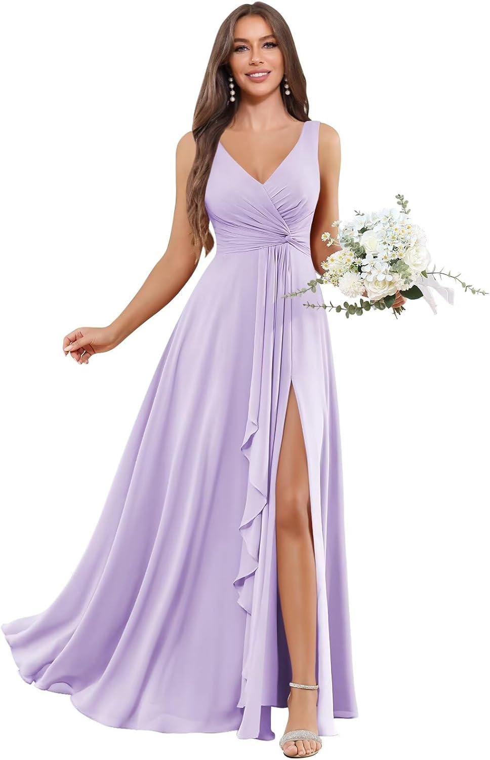 BOLENSYE Bridesmaid Dresses Long Ruched Ruffles Chiffon A Line Evening Party Gown with Pockets Slit