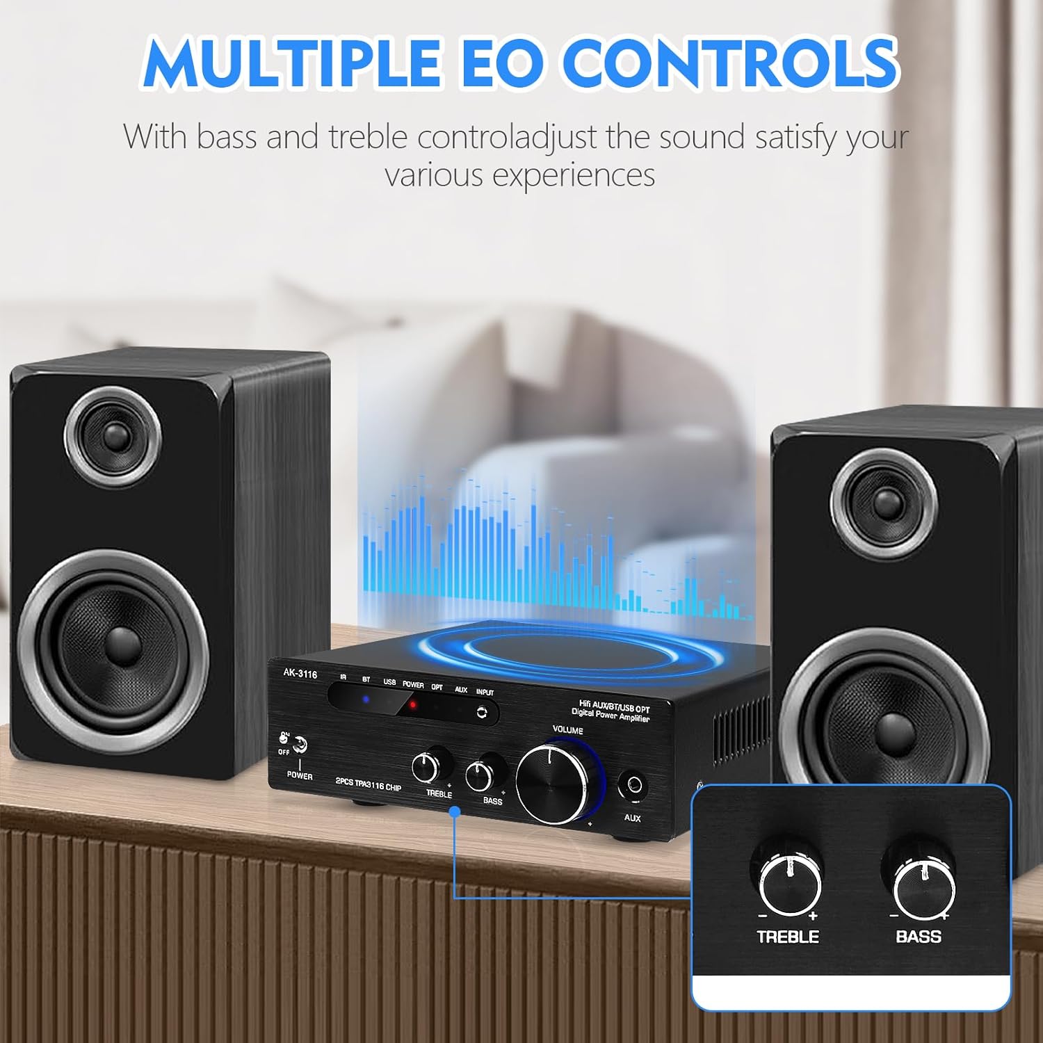 Amplifier Home Audio,Stereo Receiver Bluetooth 5.0 Power amp 100W x2 Wireless HiFi Stereo Class D Digital 2 Channel Integrated with Bass Treble Control for Passive Speakers