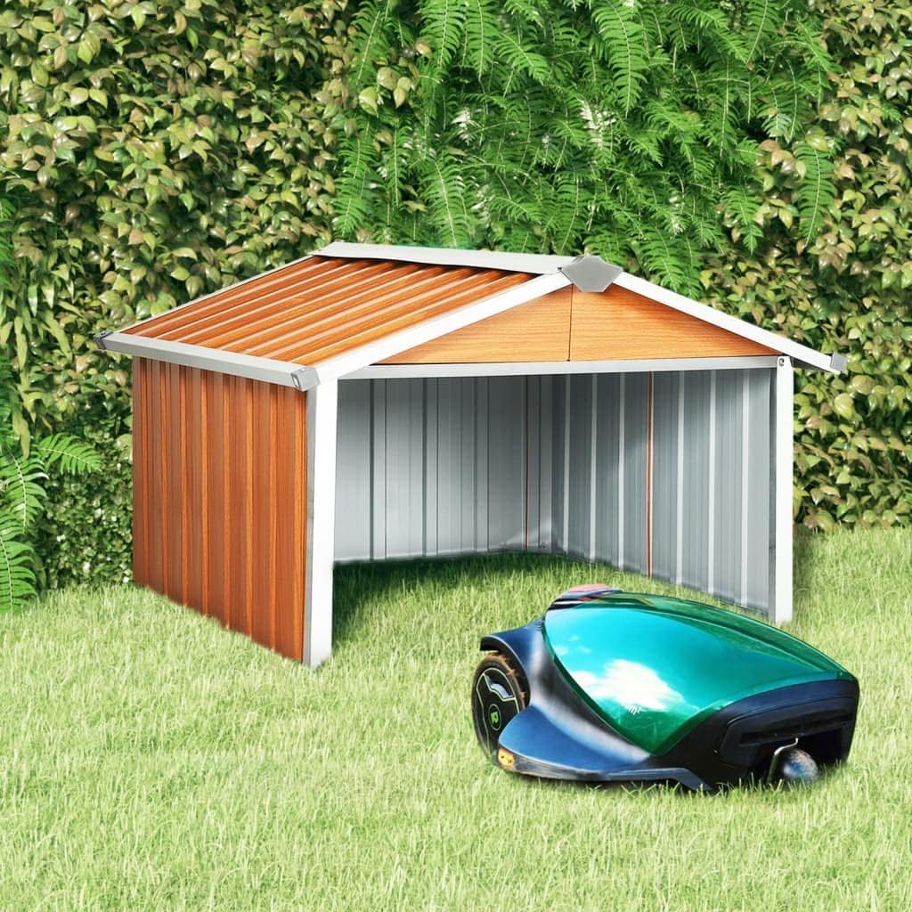 Brown Galvanized Steel Garden Shed for Robot Lawnmower, Outdoor Storage Shed with Rustic Finish, Medium Size 36.2x38.2x24.8 inches Durable for Garage Backyard Use