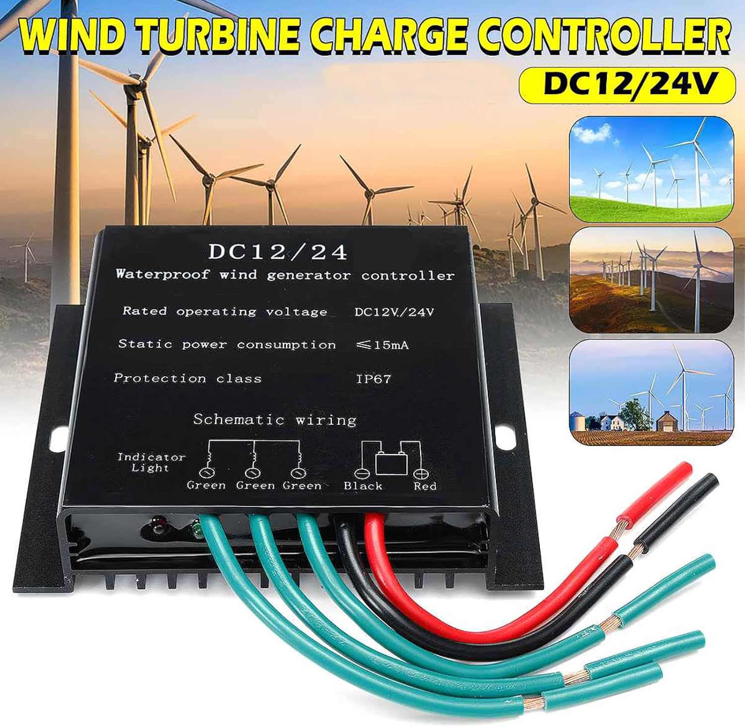 2000W Wind Generator Controller, 12V/24V Auto 48V MPPT Controller IP67 Waterproof Applicable to Wind Power Systems(Black)