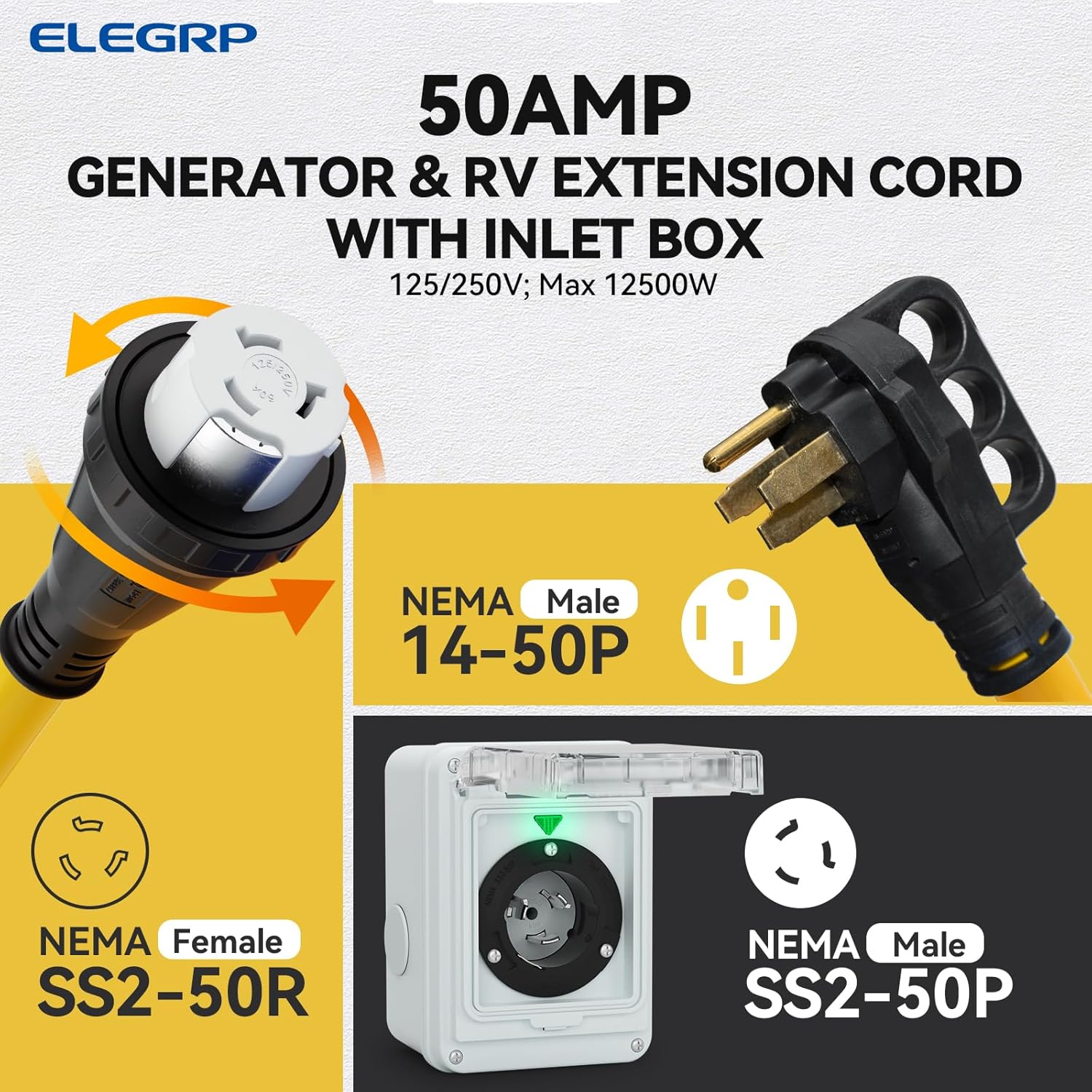 ELEGRP 50 Amp Generator RV Cord 15 FT and Power Inlet Box, Pre-Drilled Generator Inlet Box, NEMA 14-50P to NEMA SS2-50R 6/3+8/1 Gauge STW Generator Cord Waterproof Combo Kit, UL Standard Compliant