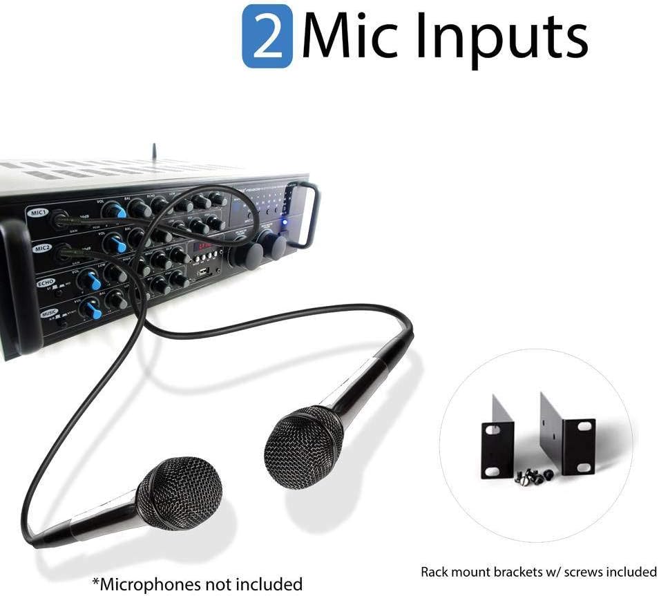 Pyle Dual Channel Bluetooth Mixing Amplifier - 2000W Rack Mount Karaoke Sound Mixer Audio Home Stereo Receiver Box System w/ RCA, USB, AUX - For Speaker, PA, Home Theater, Studio/Stage - PMXAKB2000