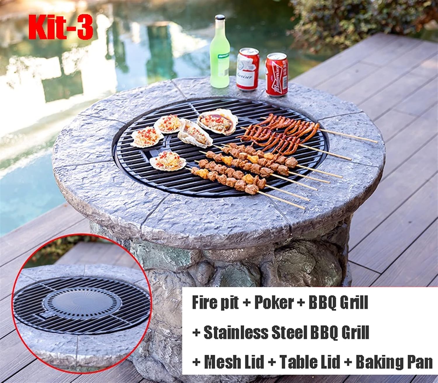 Outdoor Fire Pit Garden BBQ Wood Burning Fire Pit Bowl, 90cm Outdoor Imitation Stone Heater Fireplace, Used for Backyard Patio Picnic